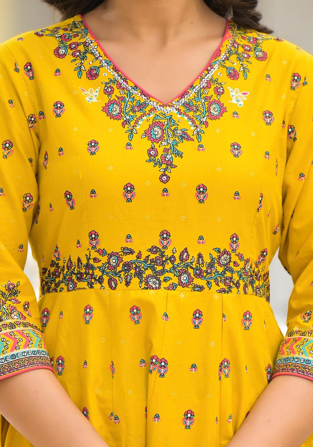Juniper Mustard Ethnic Motif Printed Cotton A-Line Kurta Pant And Dupatta Set With Sequins