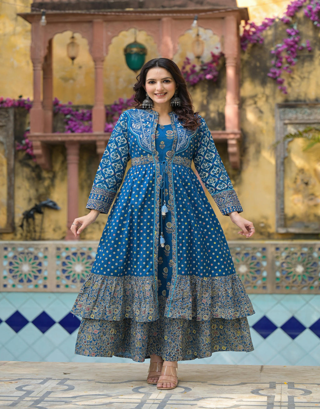 Juniper Indigo Floral Printed Cotton Long Dress & Shrug With Doris