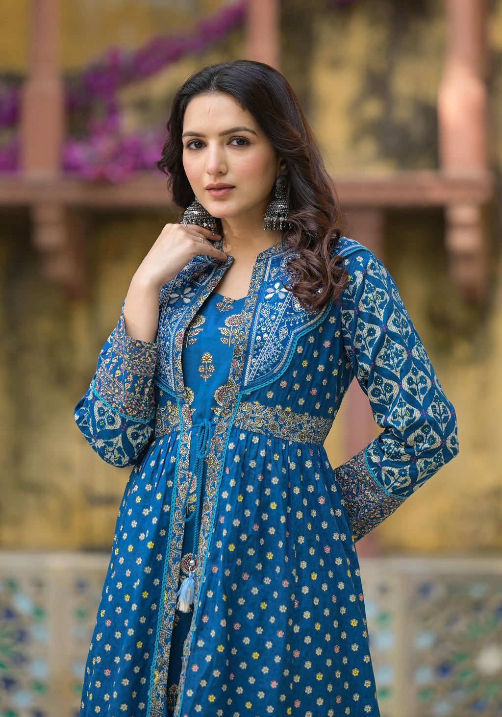 Juniper Indigo Floral Printed Cotton Long Dress & Shrug With Doris