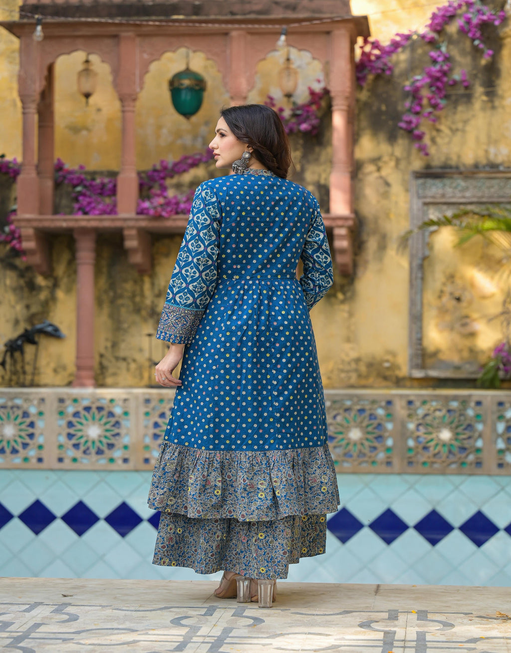 Juniper Indigo Floral Printed Cotton Long Dress & Shrug With Doris