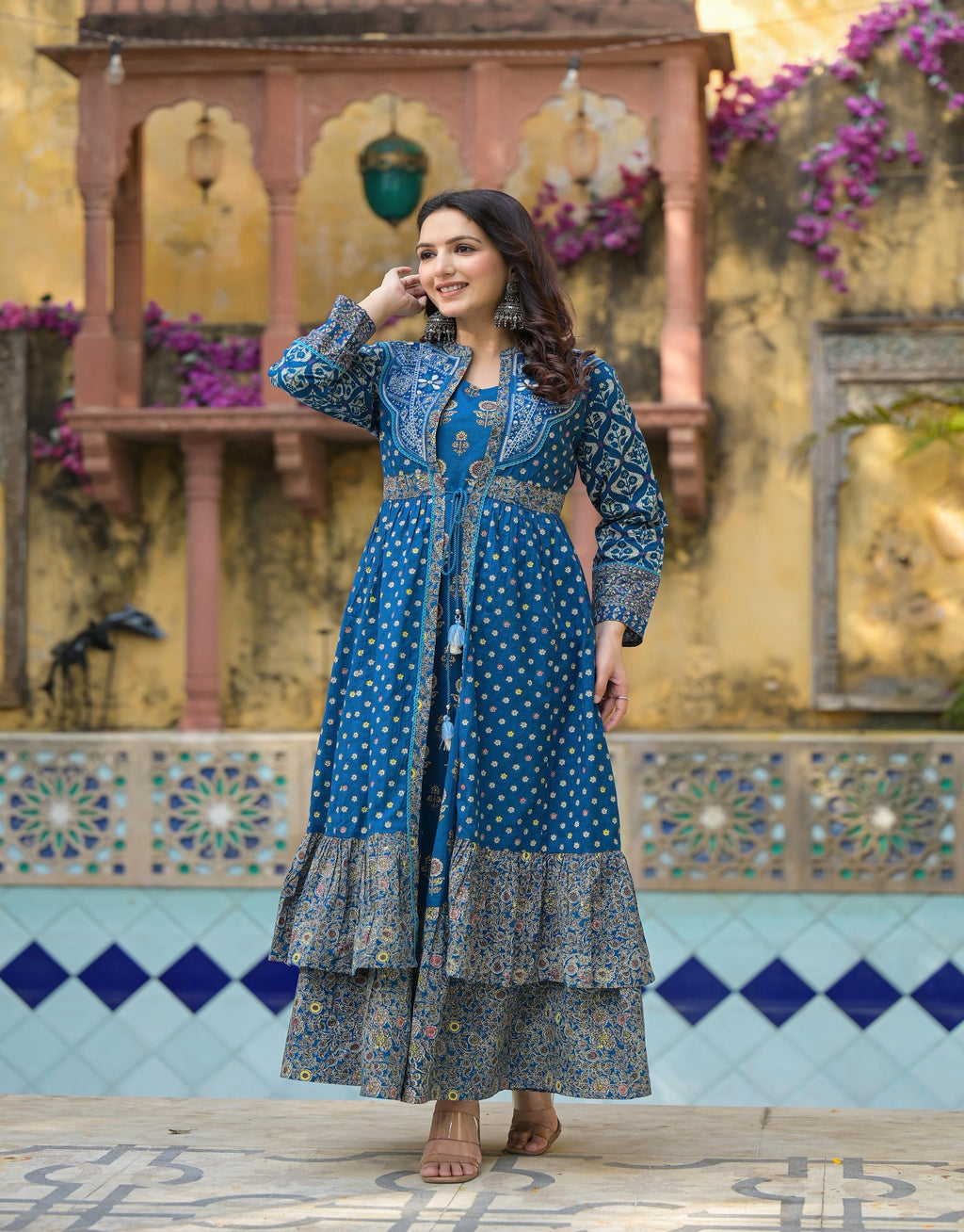 Juniper Indigo Floral Printed Cotton Long Dress & Shrug With Doris
