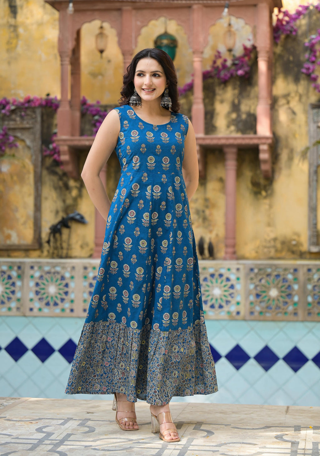Juniper Indigo Floral Printed Cotton Long Dress & Shrug With Doris