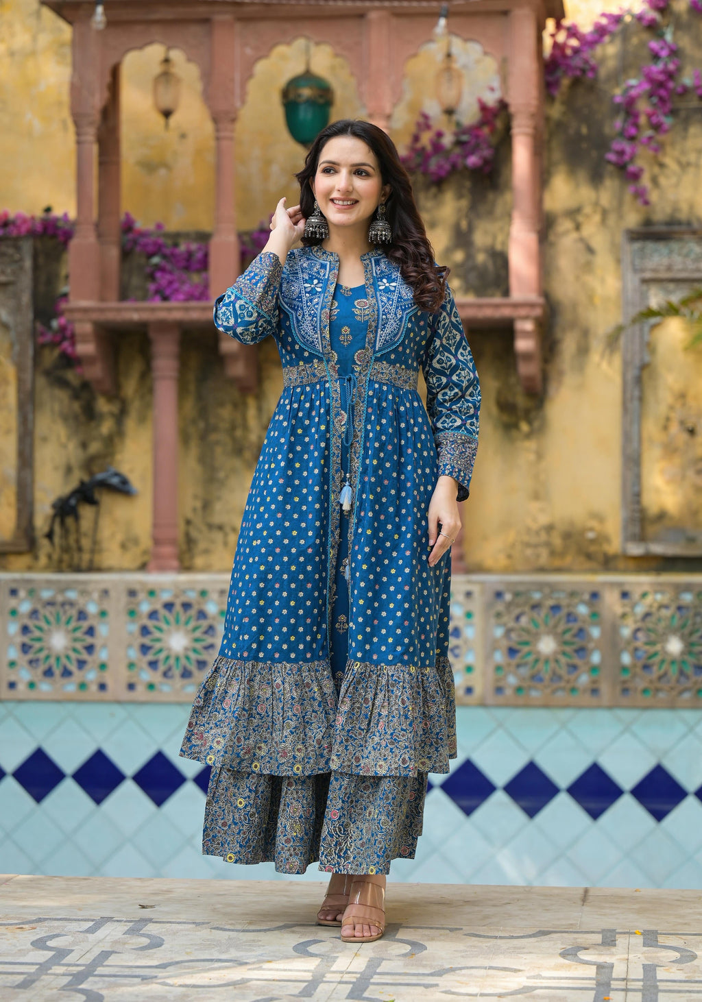 Juniper Indigo Floral Printed Cotton Long Dress & Shrug With Doris