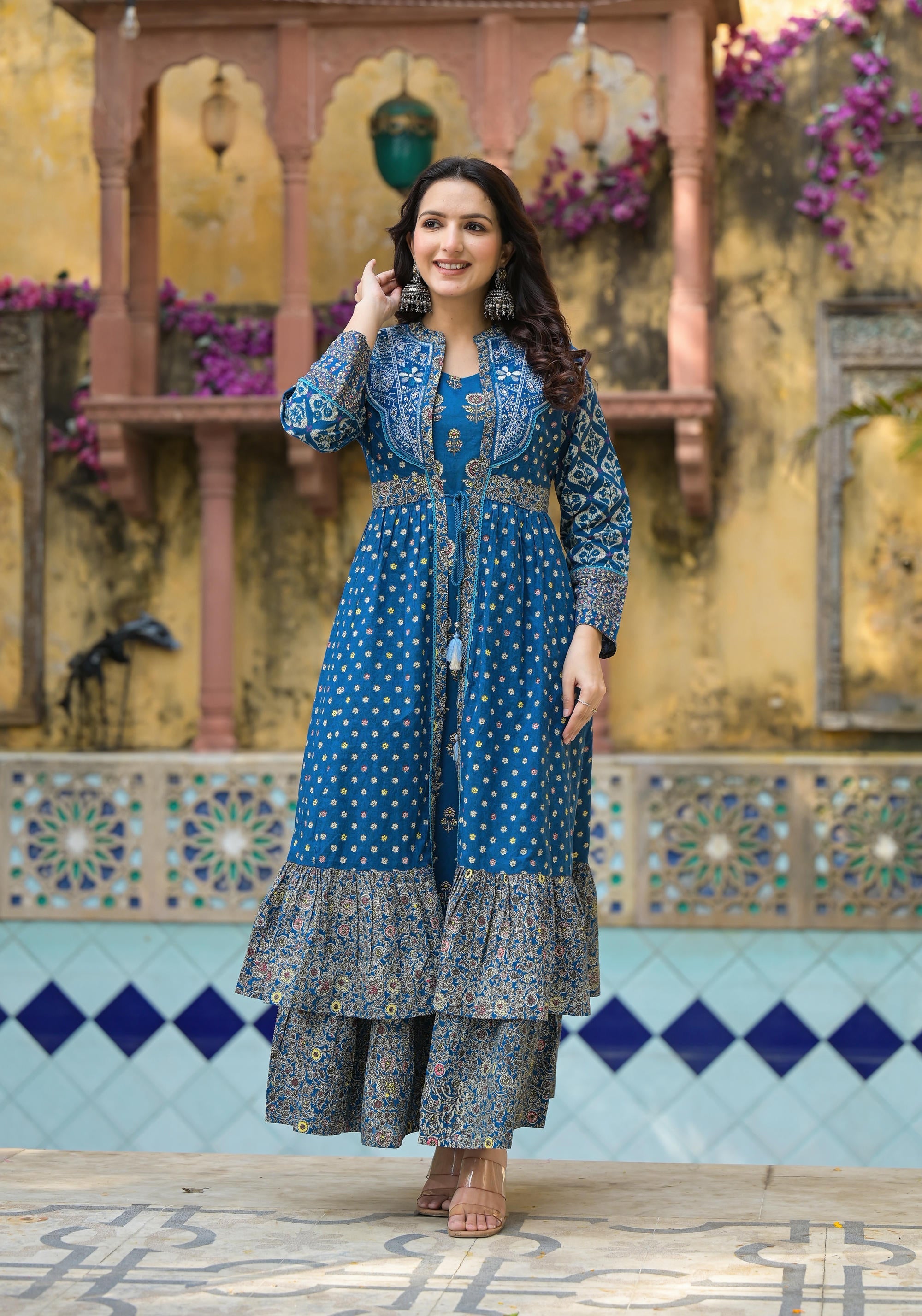 Juniper Indigo Floral Printed Cotton Long Dress & Shrug With Doris