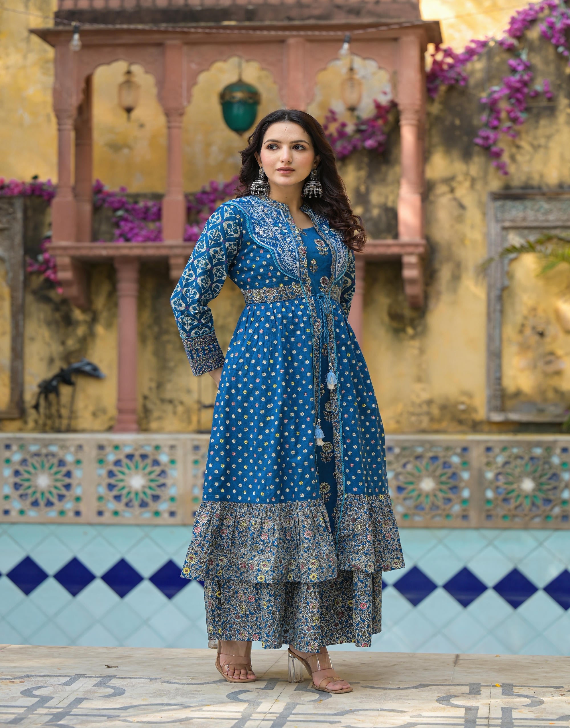 Juniper Indigo Floral Printed Cotton Long Dress & Shrug With Doris