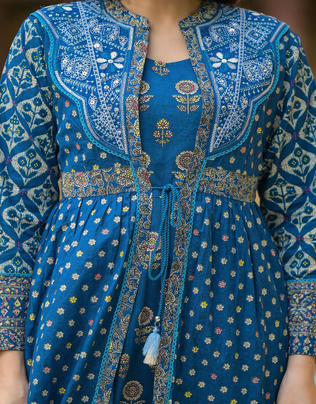 Juniper Indigo Floral Printed Cotton Long Dress & Shrug With Doris