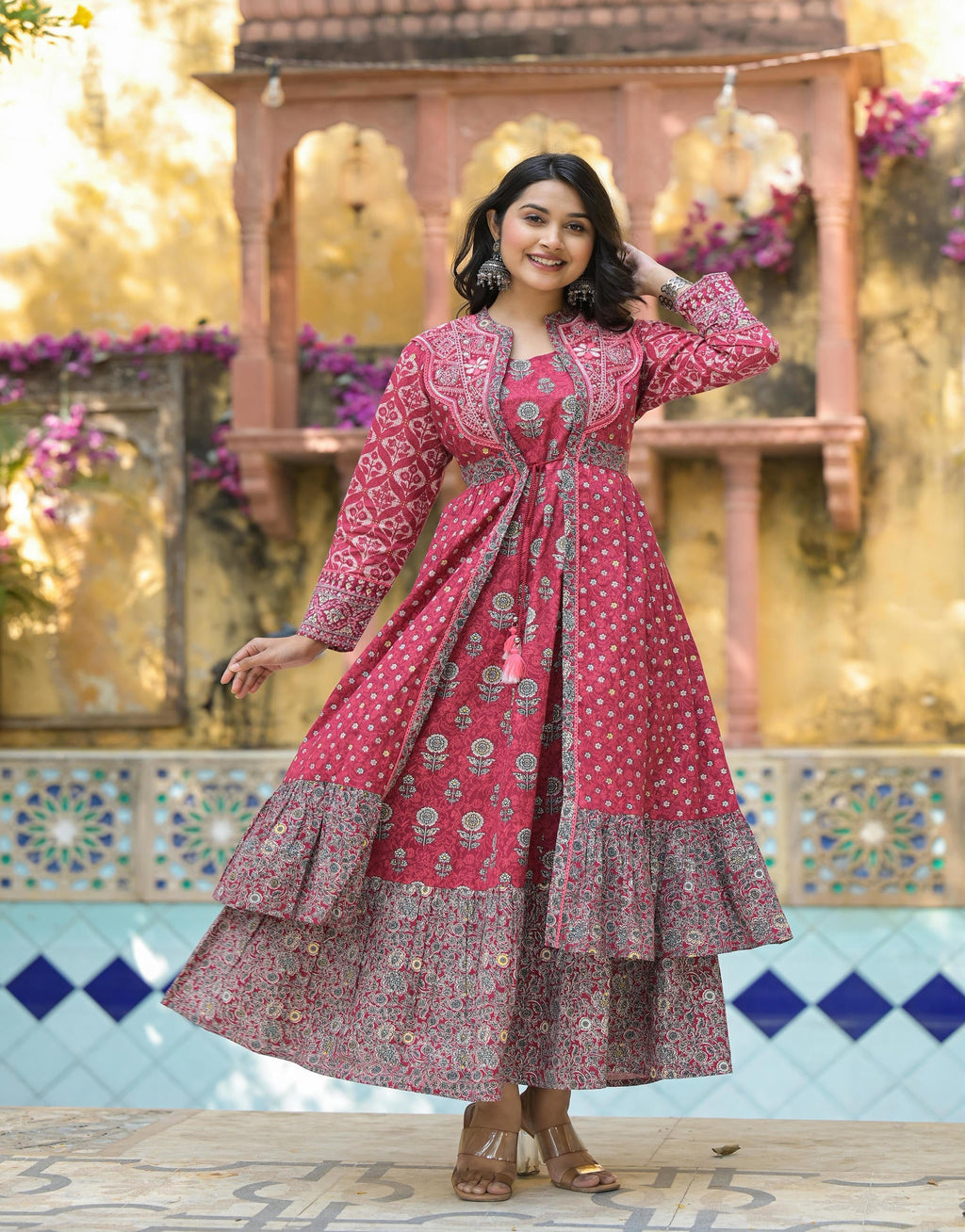 Juniper Maroon Floral Printed Cotton Long Dress With Shrug