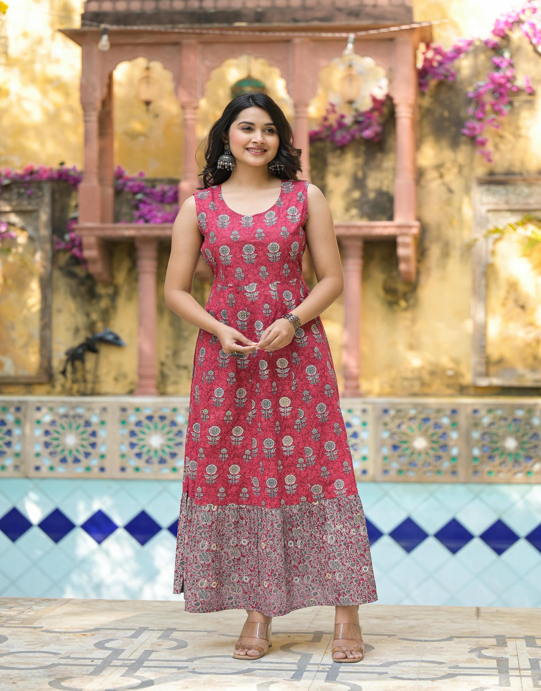 Juniper Maroon Floral Printed Cotton Long Dress With Shrug