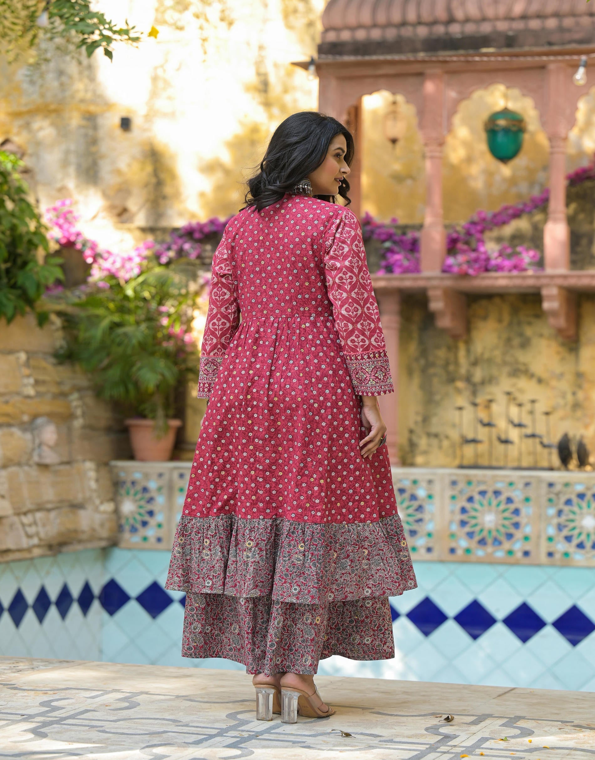 Juniper Maroon Floral Printed Cotton Long Dress With Shrug