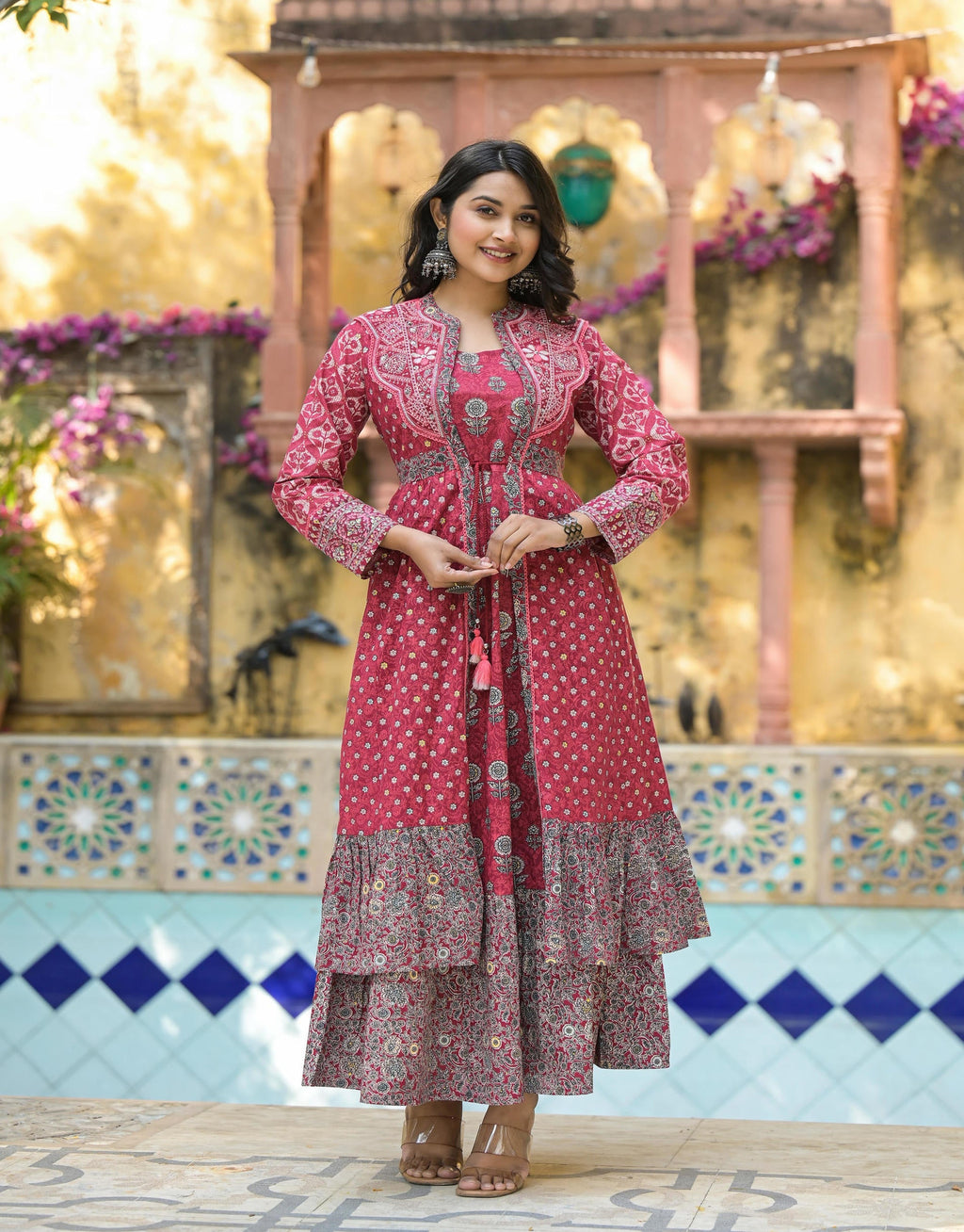 Juniper Maroon Floral Printed Cotton Long Dress With Shrug