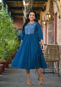 Juniper Women's Indigo Solid Cotton Long Dress With Thread Embroidery