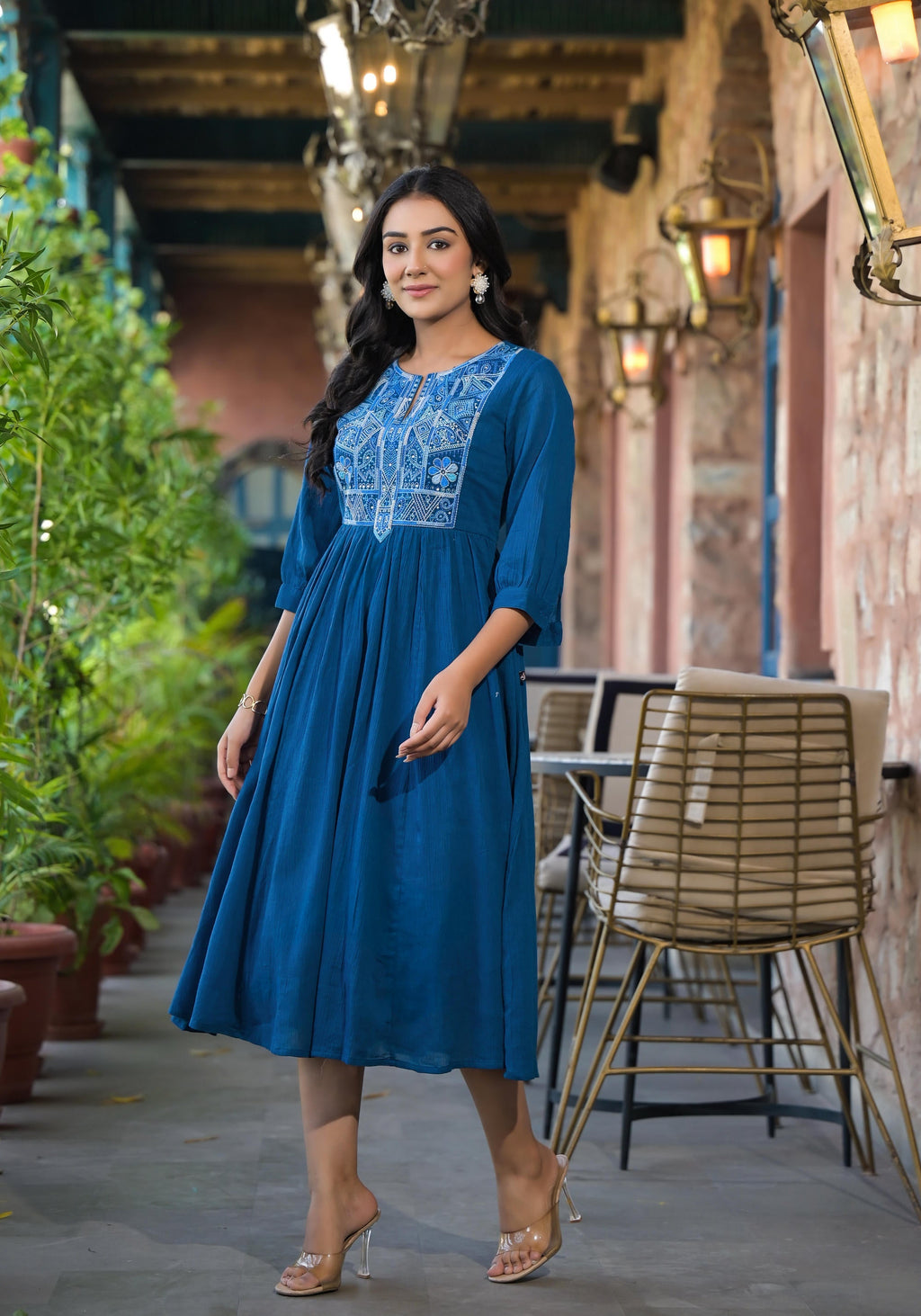 Juniper Women's Indigo Solid Cotton Long Dress With Thread Embroidery