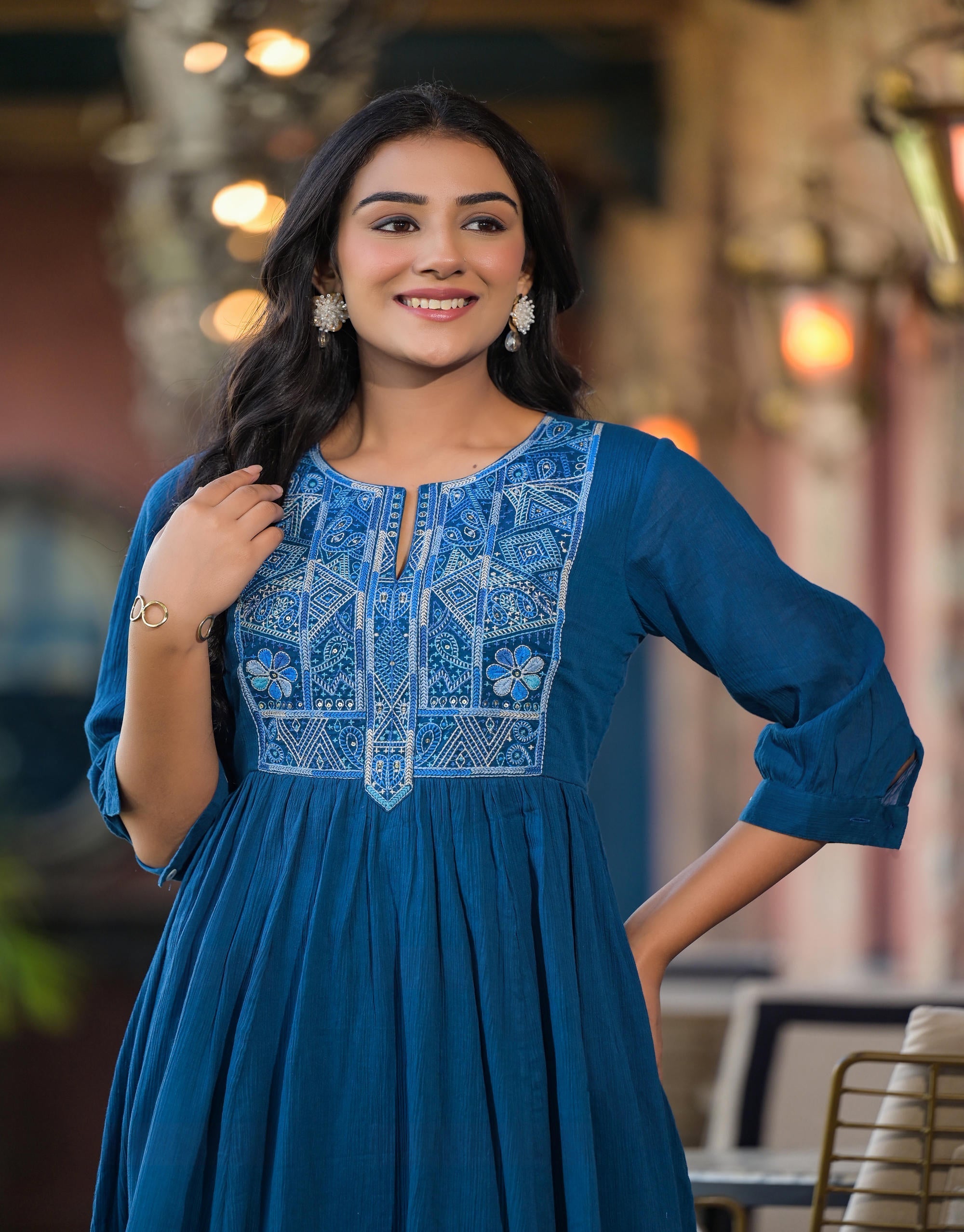 Juniper Indigo Solid Cotton Long Dress With Thread Embroidery