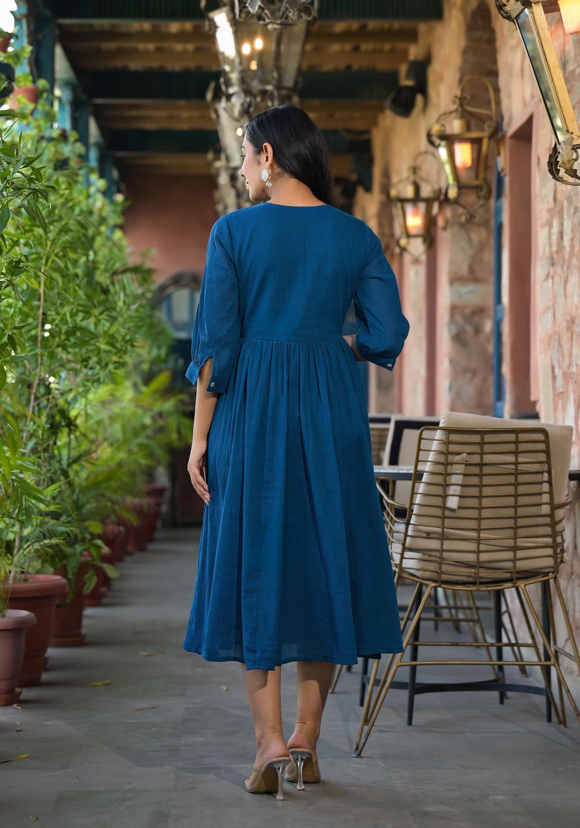Juniper Women's Indigo Solid Cotton Long Dress With Thread Embroidery