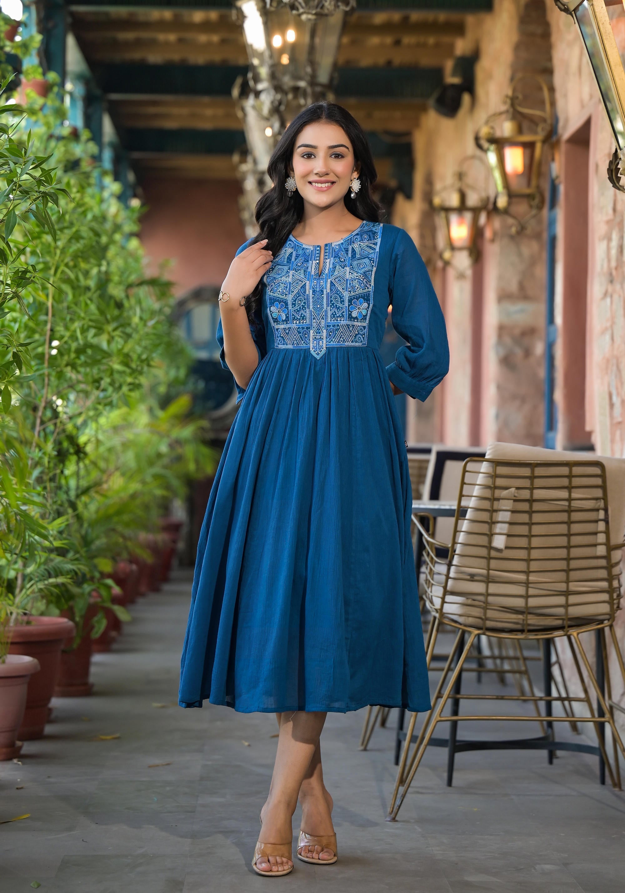 Juniper Women's Indigo Solid Cotton Long Dress With Thread Embroidery
