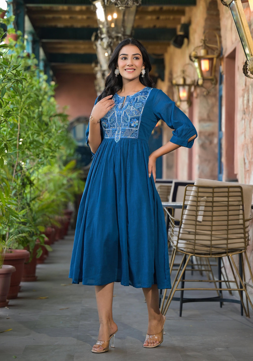 Juniper Women's Indigo Solid Cotton Long Dress With Thread Embroidery