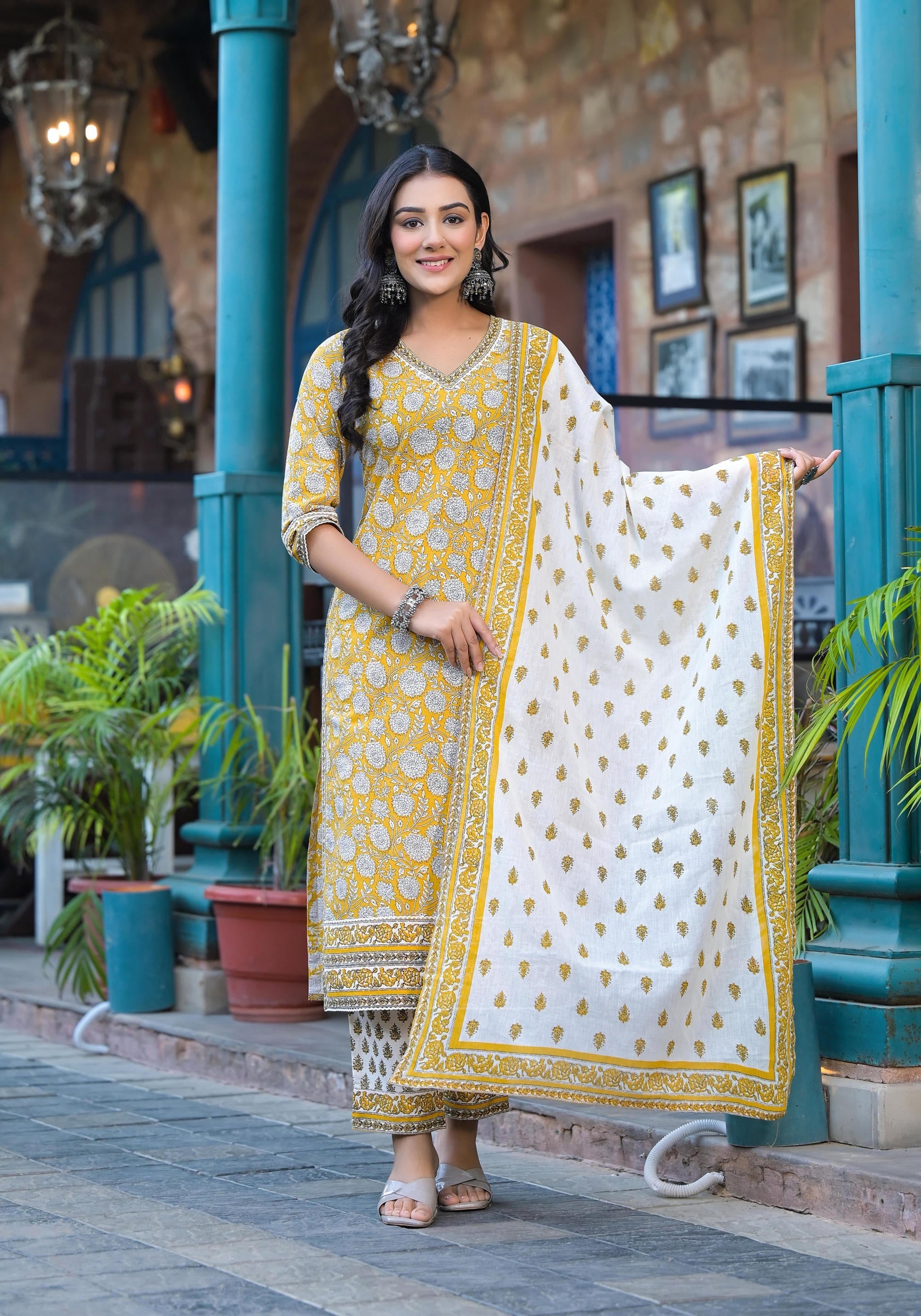 Juniper Mustard Floral Printed Cotton Kurta Pant And Dupatta Set With Lace