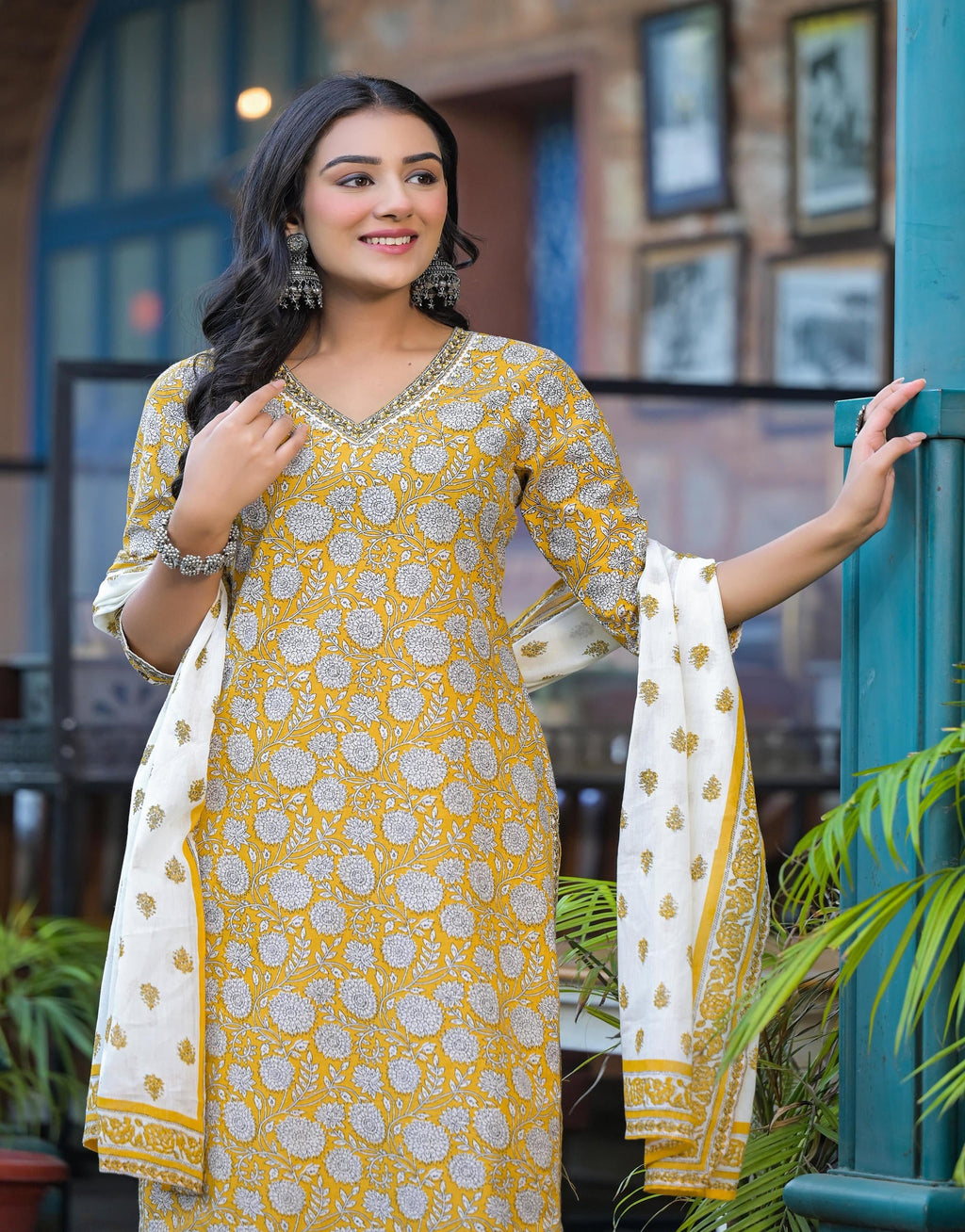 Juniper Mustard Floral Printed Cotton Kurta Pant And Dupatta Set With Lace