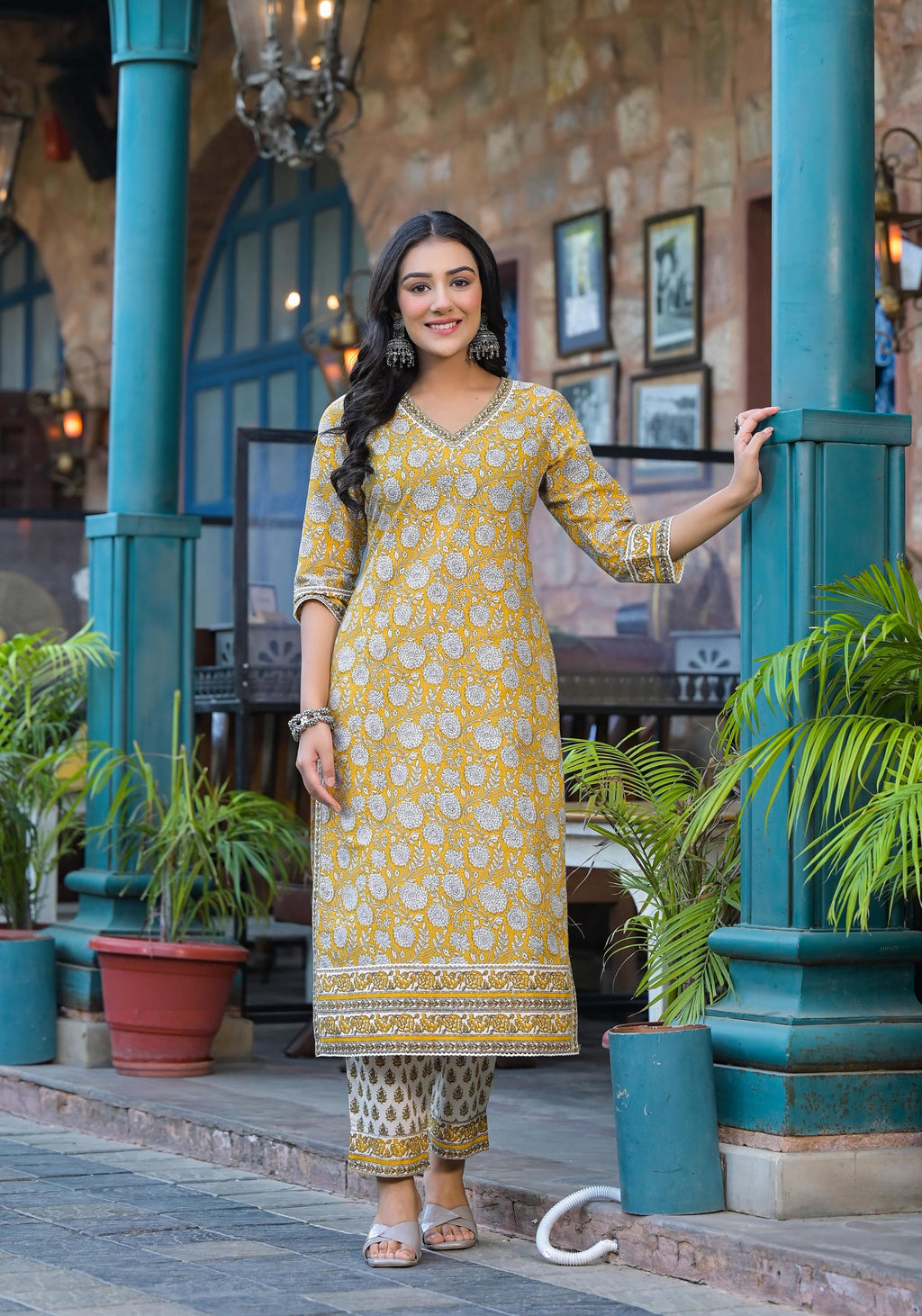 Juniper Mustard Floral Printed Cotton Kurta Pant And Dupatta Set With Lace