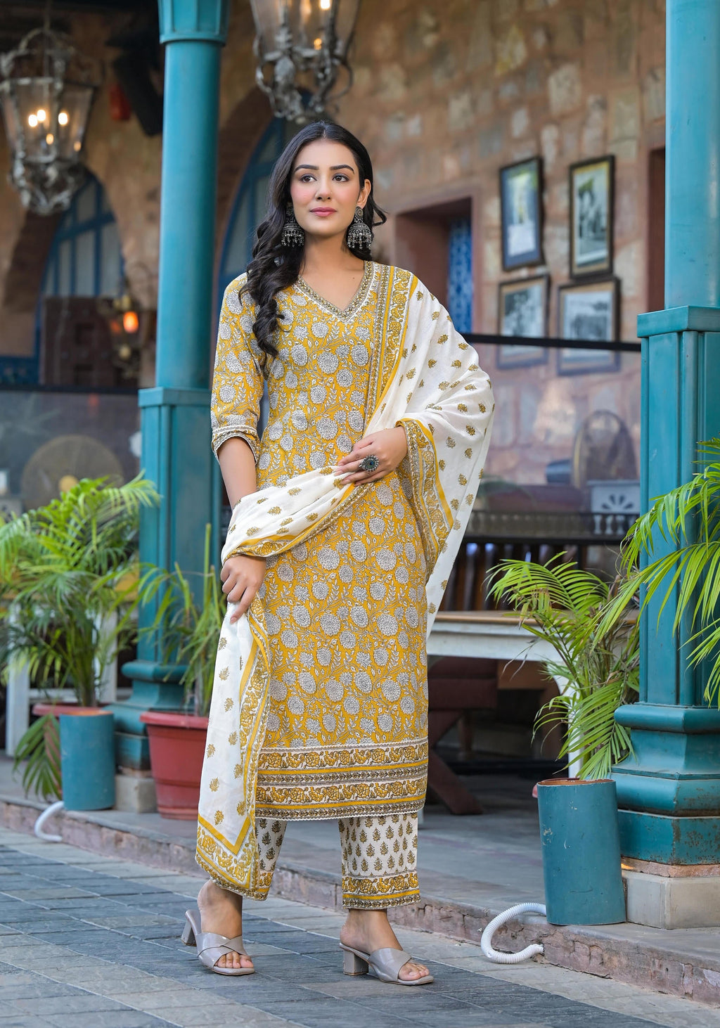Juniper Mustard Floral Printed Cotton Kurta Pant And Dupatta Set With Lace