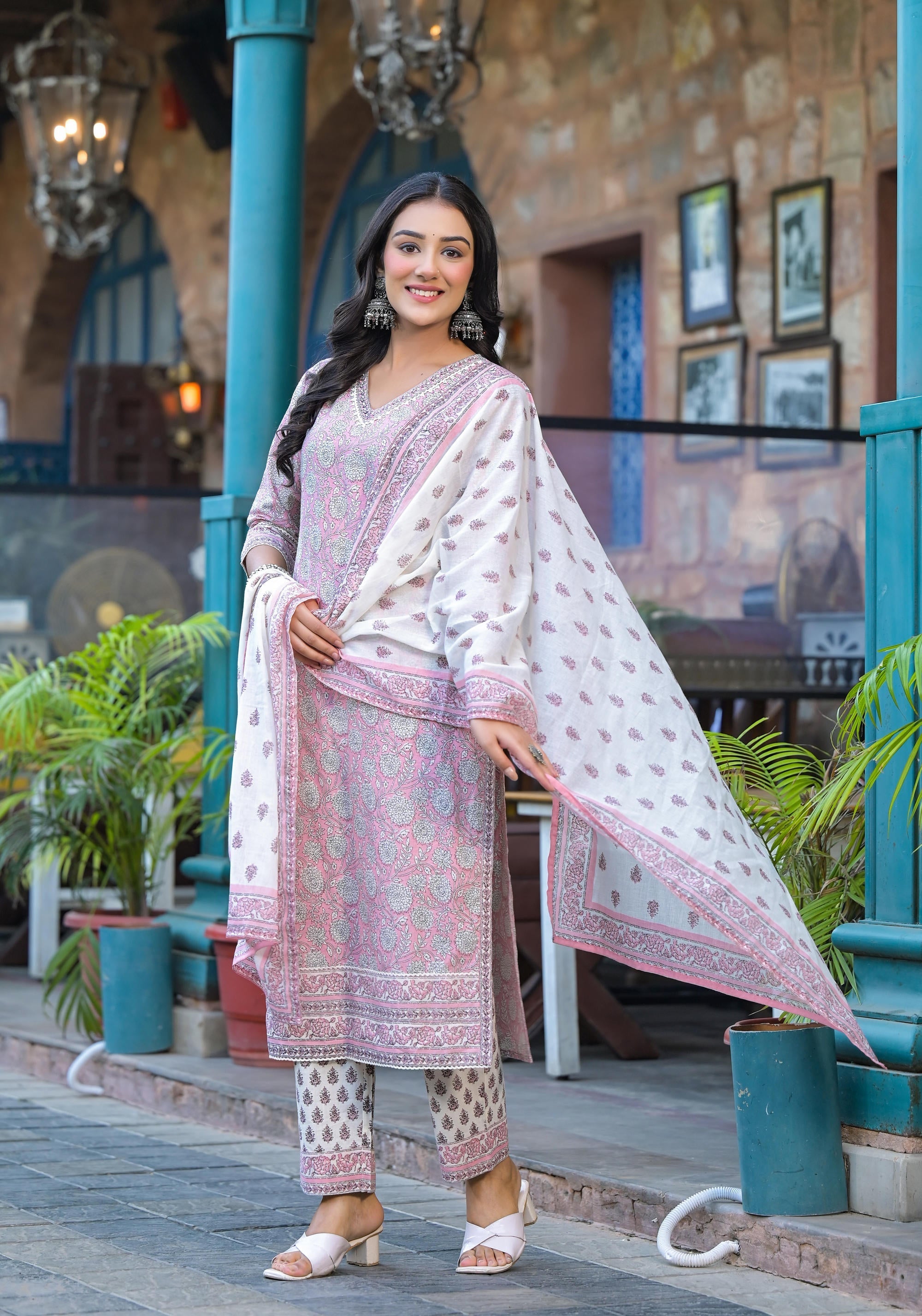 Juniper Pink Floral Printed Cotton Kurta Pant And Dupatta Set With Lace