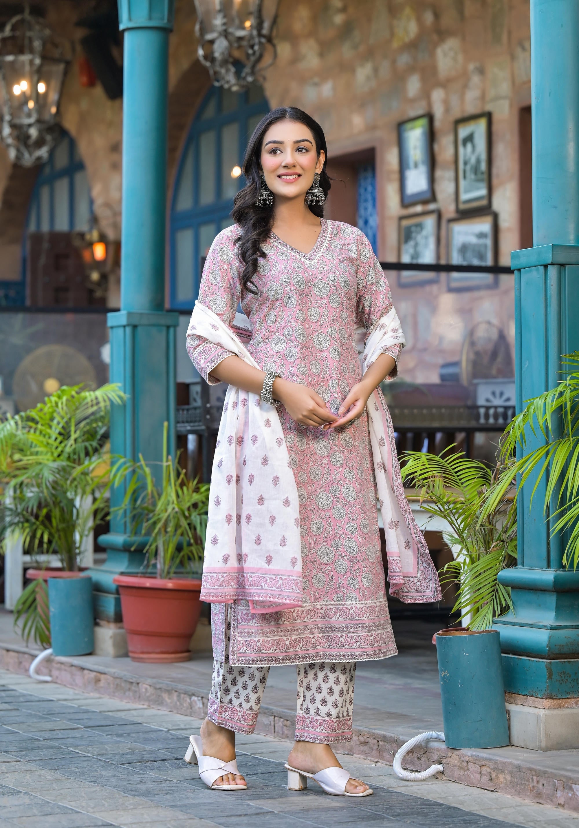 Juniper Pink Floral Printed Cotton Kurta Pant And Dupatta Set With Lace