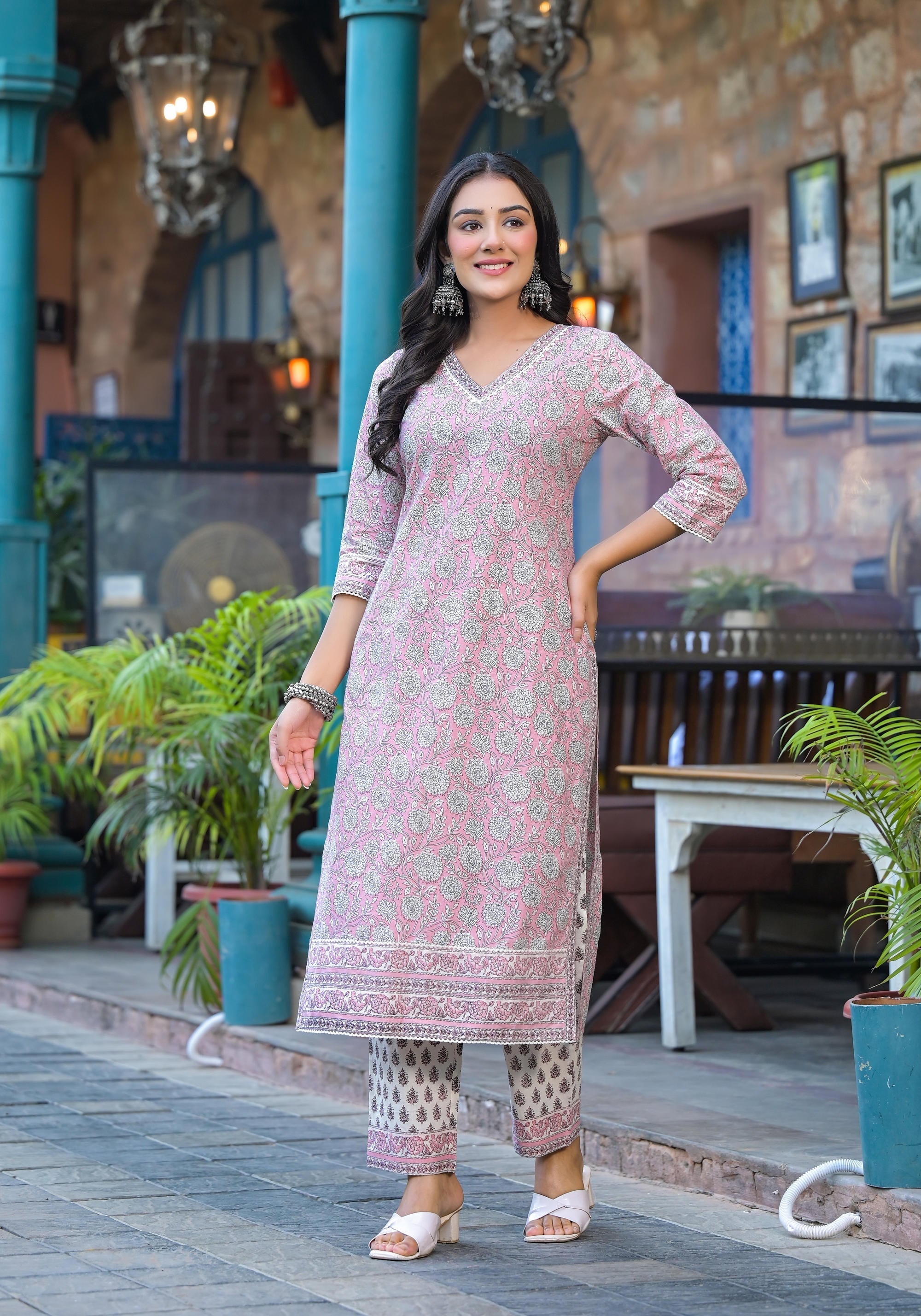 Juniper Pink Floral Printed Cotton Kurta Pant And Dupatta Set With Lace