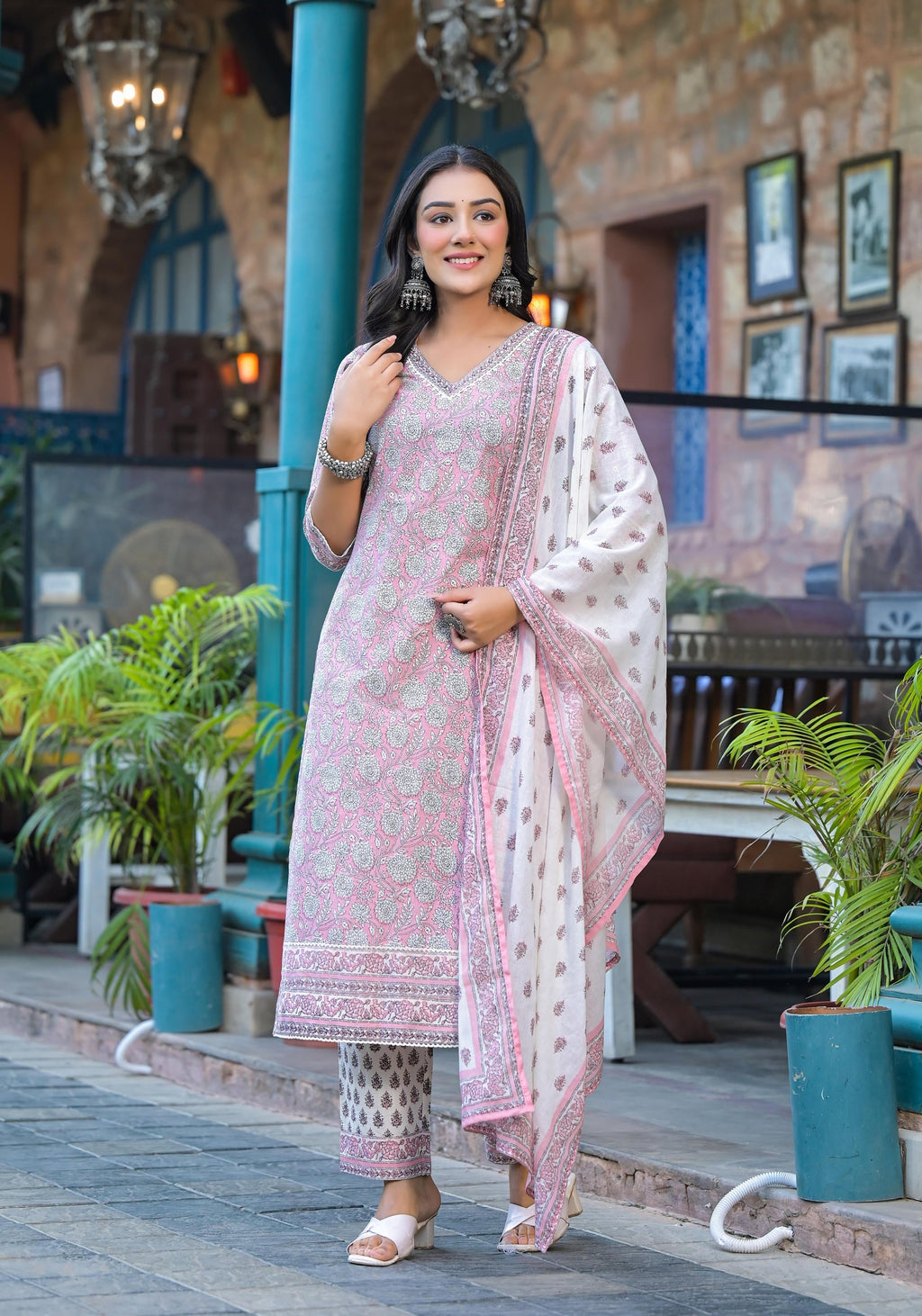 Juniper Pink Floral Printed Cotton Kurta Pant And Dupatta Set With Lace