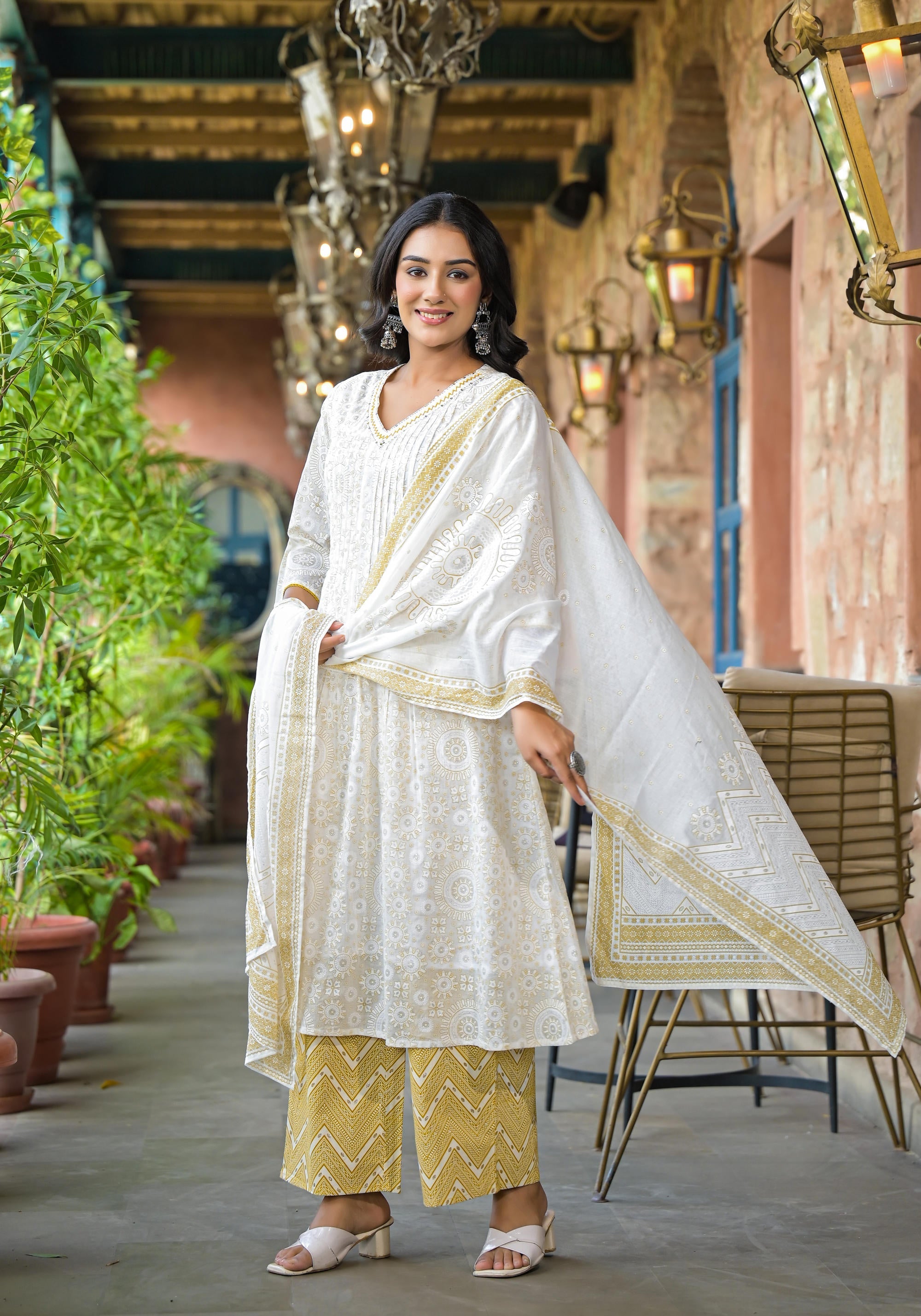 Juniper Women's Off White Abstract Printed Cotton Kurta Pant And Dupatta Set With Sequins & Thread Work