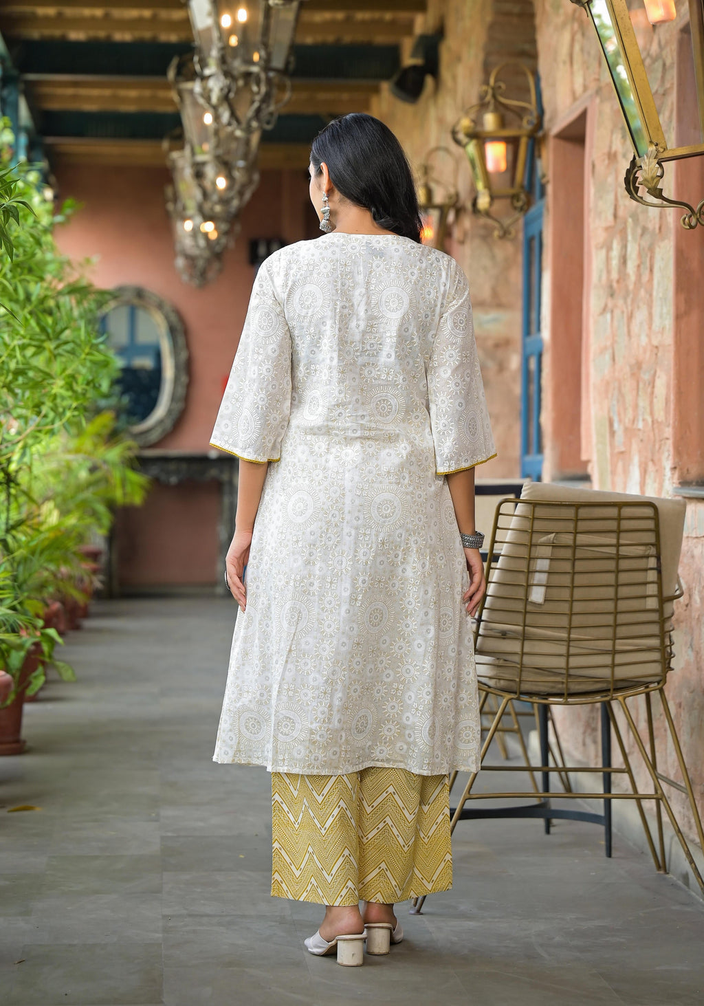 Juniper Women's Off White Abstract Printed Cotton Kurta Pant And Dupatta Set With Sequins & Thread Work