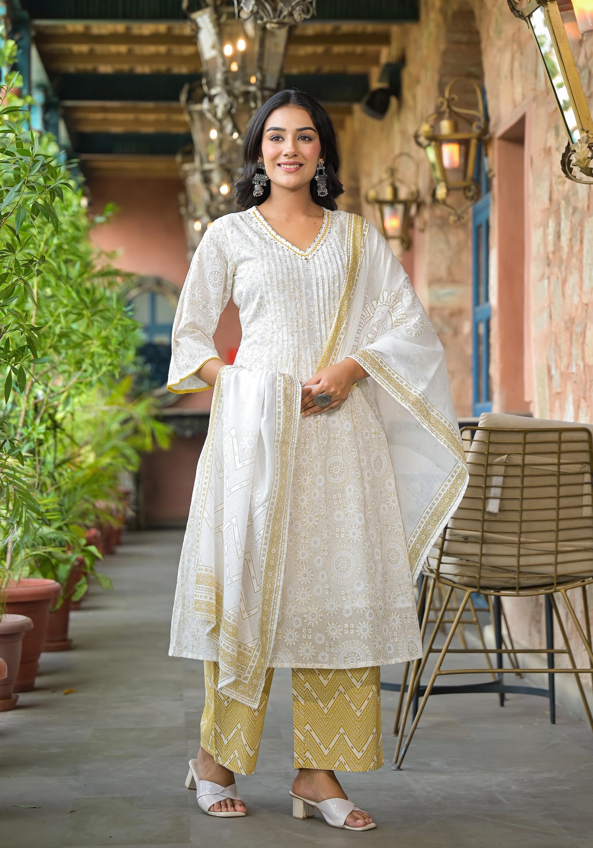 Juniper Women's Off White Abstract Printed Cotton Kurta Pant And Dupatta Set With Sequins & Thread Work