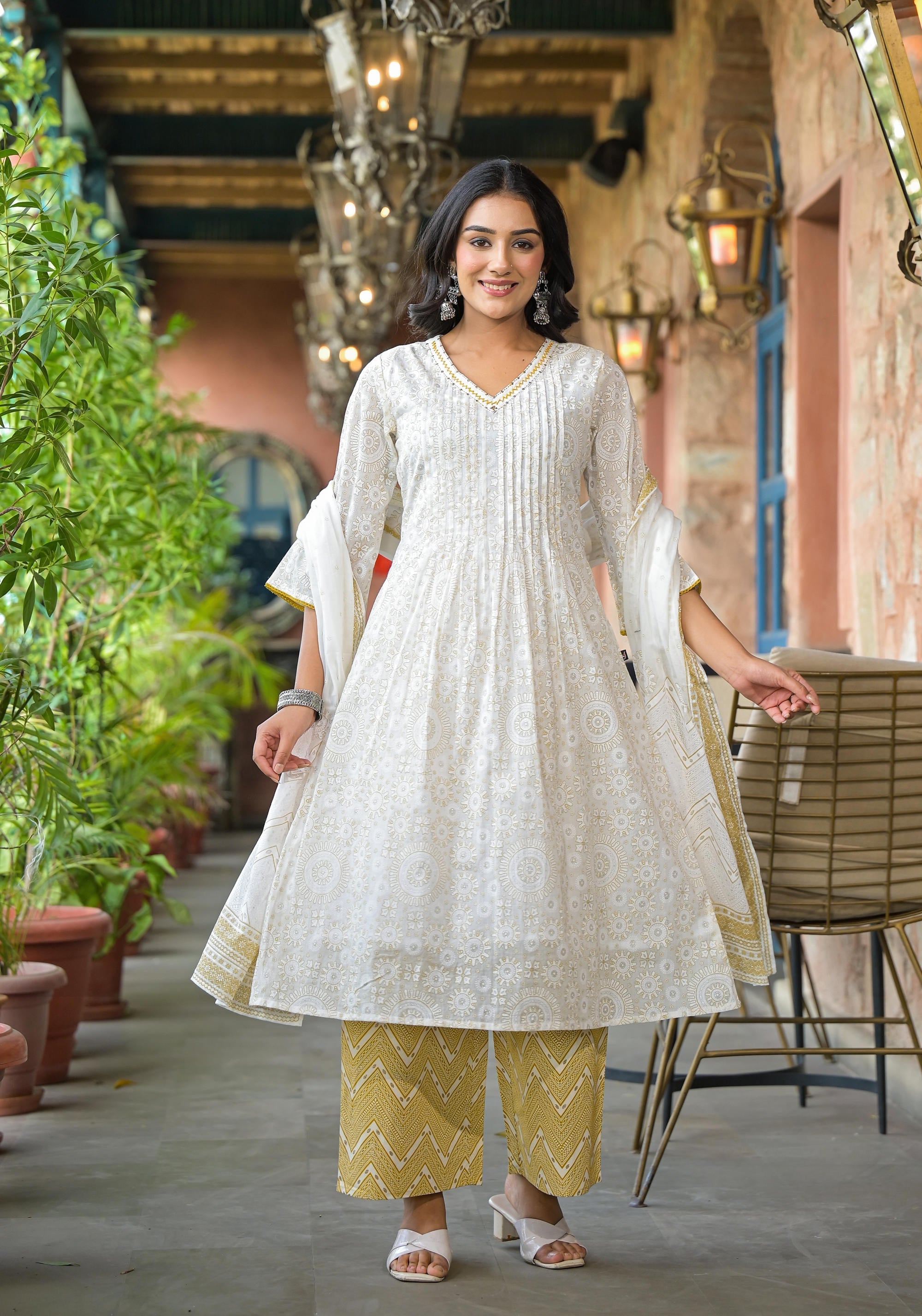 Juniper Women's Off White Abstract Printed Cotton Kurta Pant And Dupatta Set With Sequins & Thread Work