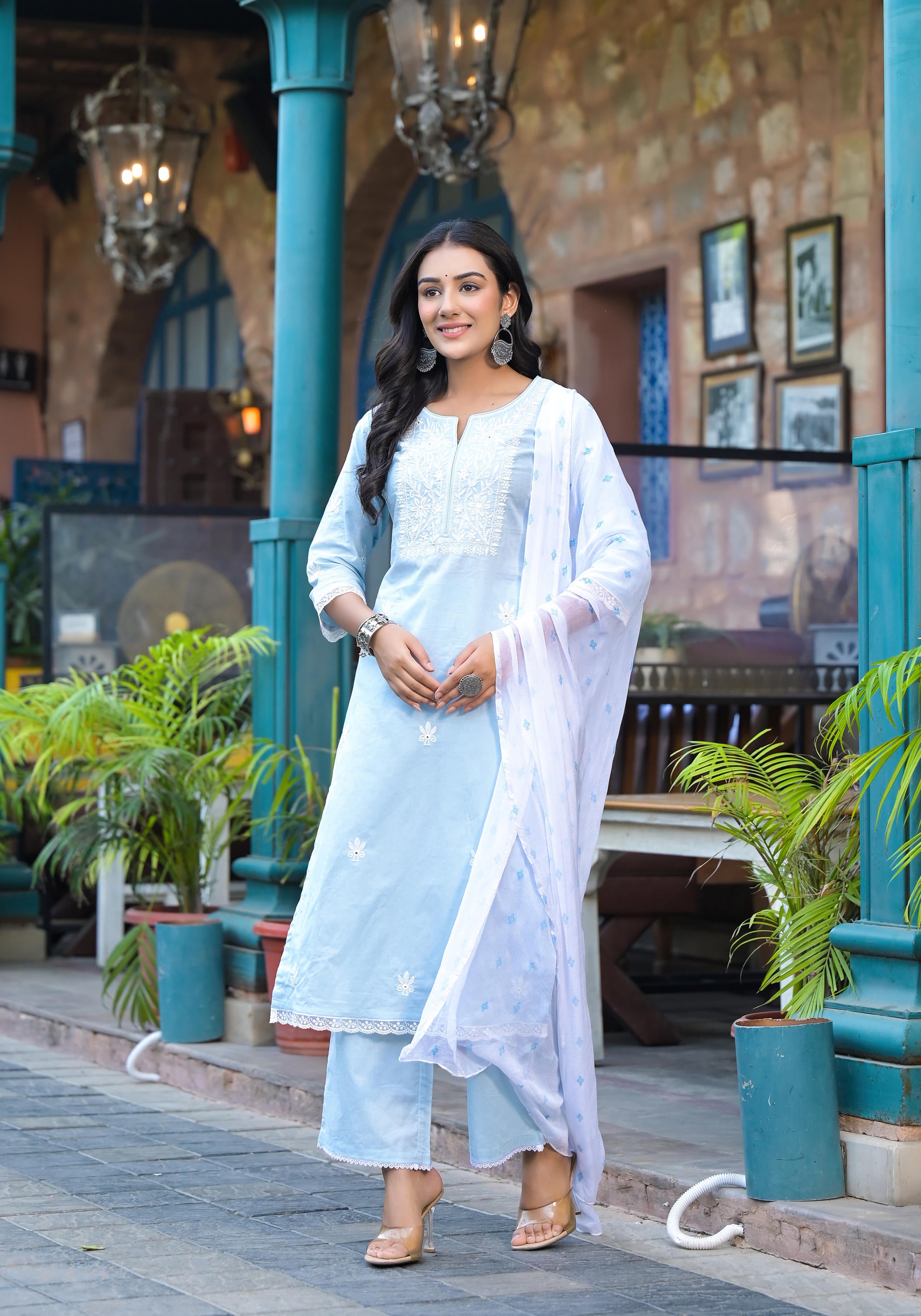 Juniper Women's Sky Blue Solid Cotton Kurta Pant And Dupatta Set With Thread Embroidery