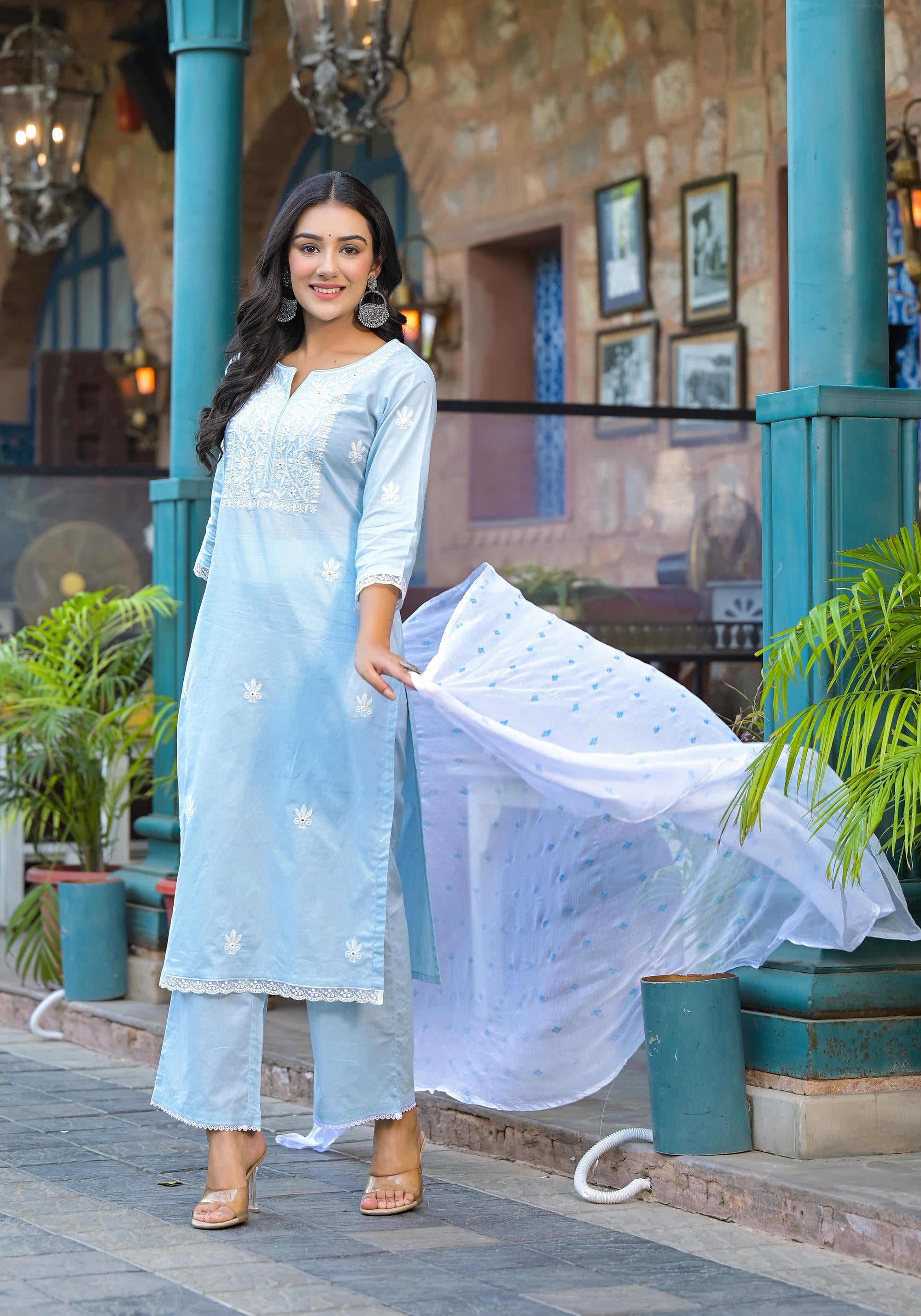 Juniper Sky Blue Solid Cotton Kurta Pant And Dupatta Set With Thread Embroidery
