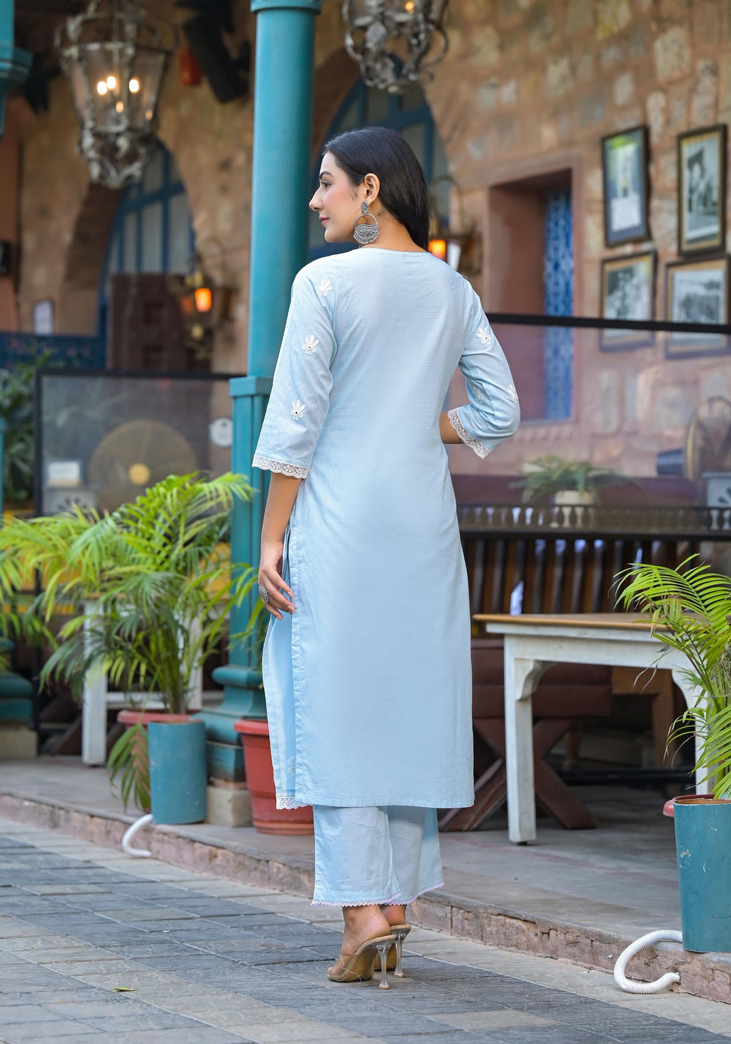 Juniper Women's Sky Blue Solid Cotton Kurta Pant And Dupatta Set With Thread Embroidery