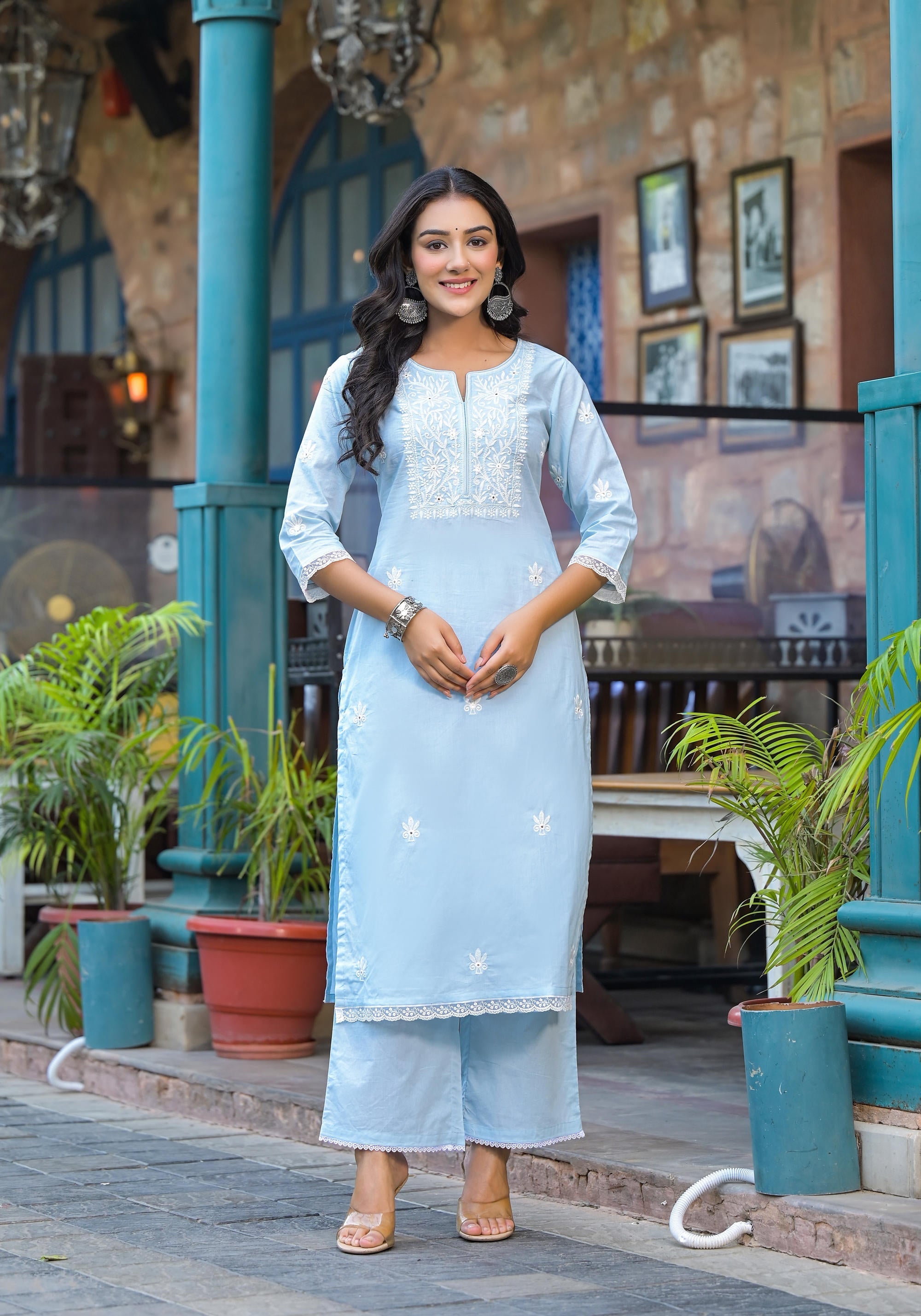 Juniper Women's Sky Blue Solid Cotton Kurta Pant And Dupatta Set With Thread Embroidery
