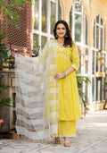 Juniper Lime Solid Cotton Kurta Pant And Dupatta Set With Thread & Mirror Work