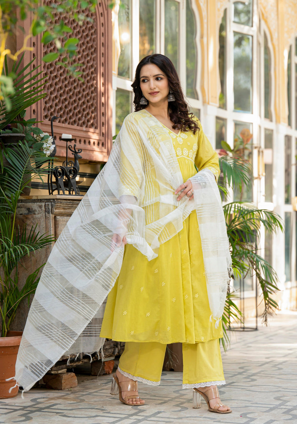 Juniper Lime Solid Cotton Kurta Pant And Dupatta Set With Thread & Mirror Work