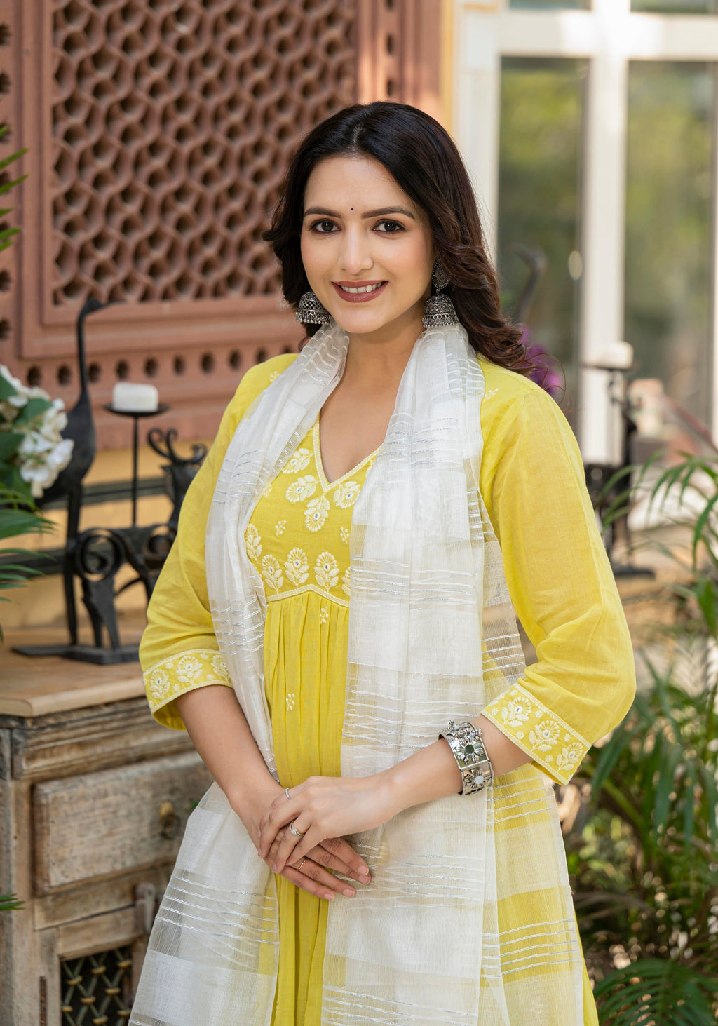Juniper Lime Solid Cotton Kurta Pant And Dupatta Set With Thread & Mirror Work