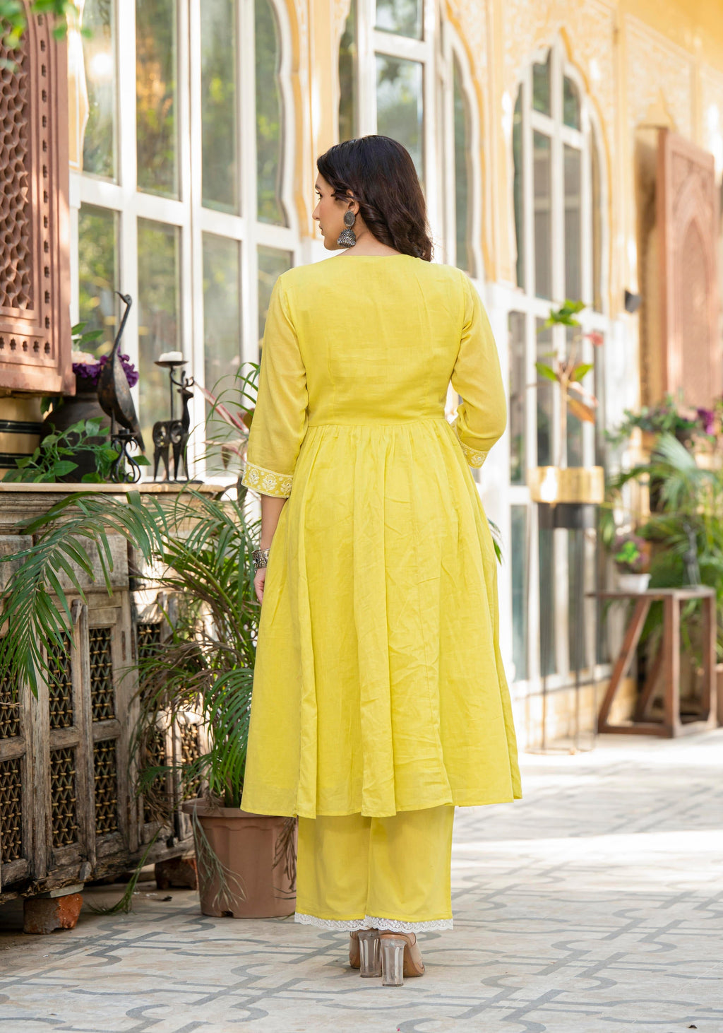 Juniper Lime Solid Cotton Kurta Pant And Dupatta Set With Thread & Mirror Work