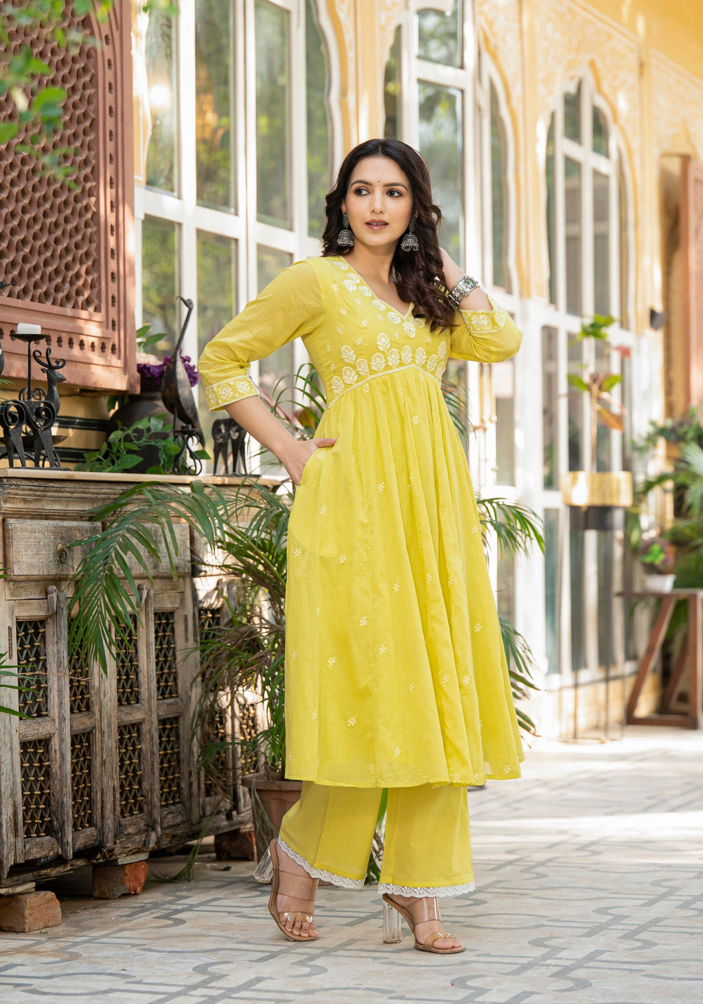 Juniper Lime Solid Cotton Kurta Pant And Dupatta Set With Thread & Mirror Work