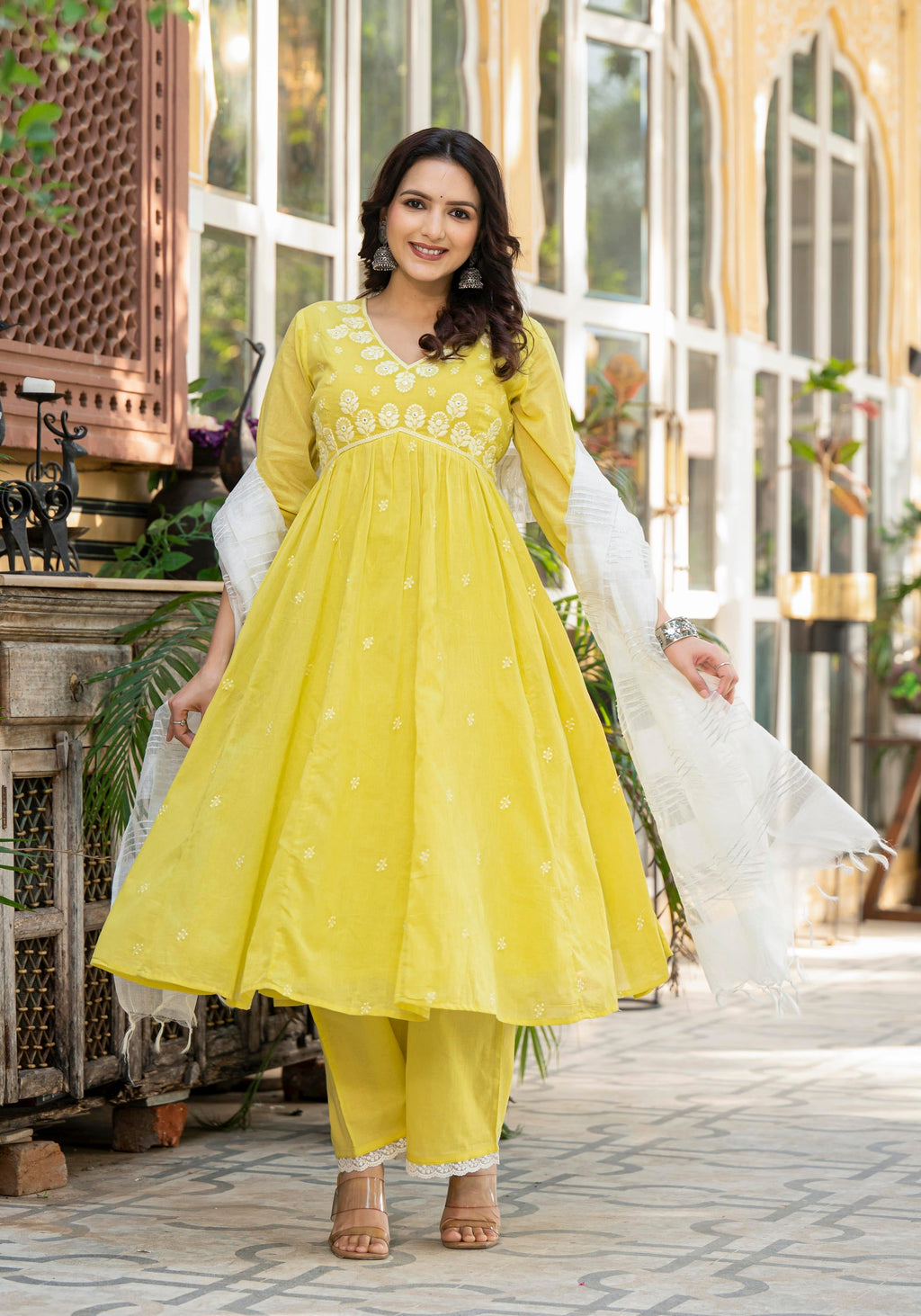 Juniper Lime Solid Cotton Kurta Pant And Dupatta Set With Thread & Mirror Work