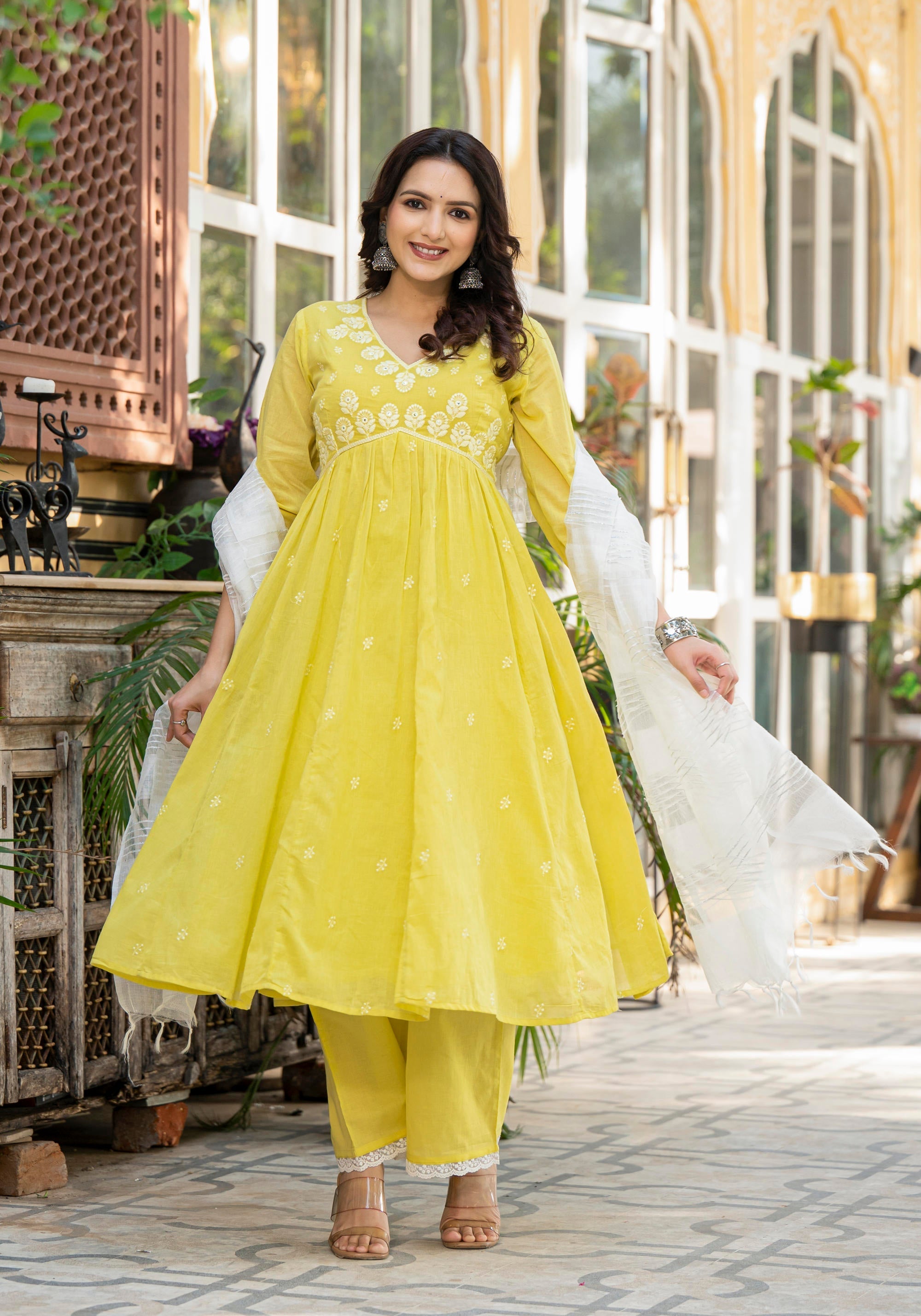 Juniper Lime Solid Cotton Kurta Pant And Dupatta Set With Thread & Mirror Work