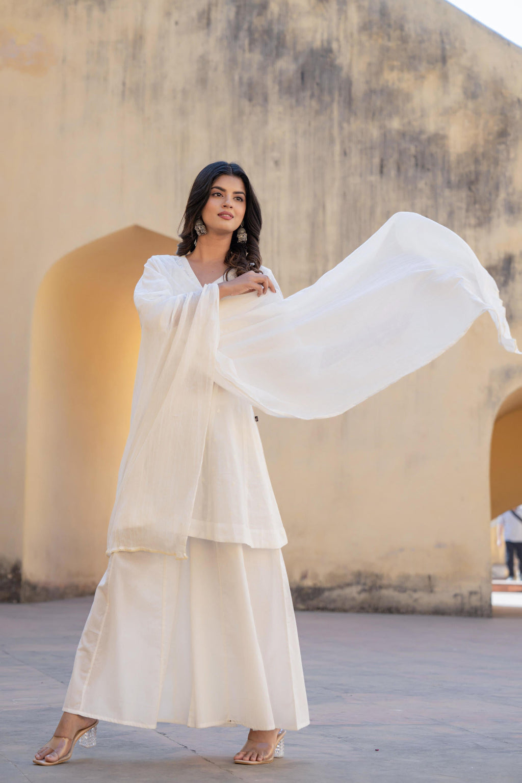 Juniper White Embroidered Anarkali Kurta Set with Palazzo & Dupatta