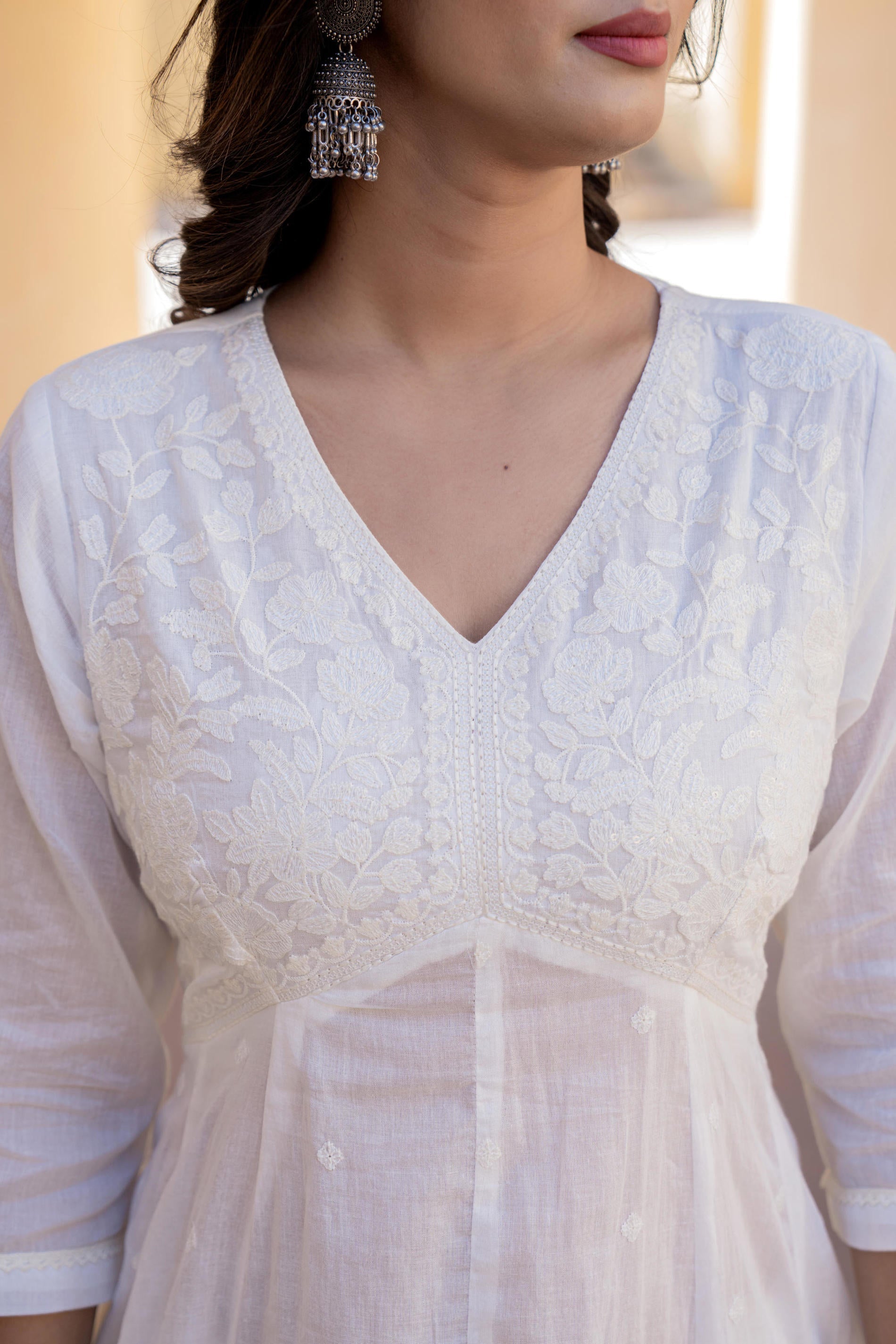Juniper White Embroidered Anarkali Kurta Set with Palazzo & Dupatta