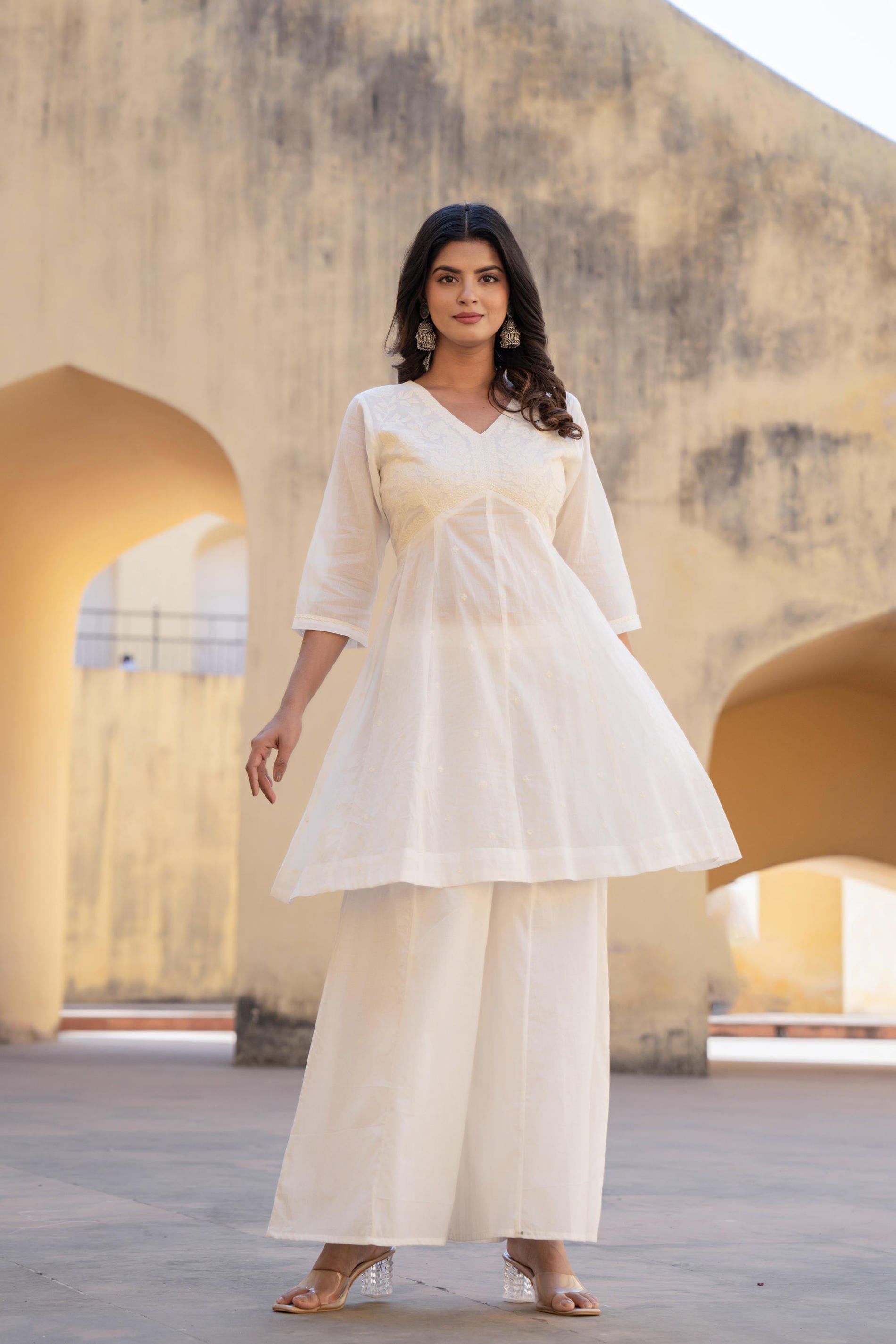 Juniper White Embroidered Anarkali Kurta Set with Palazzo & Dupatta