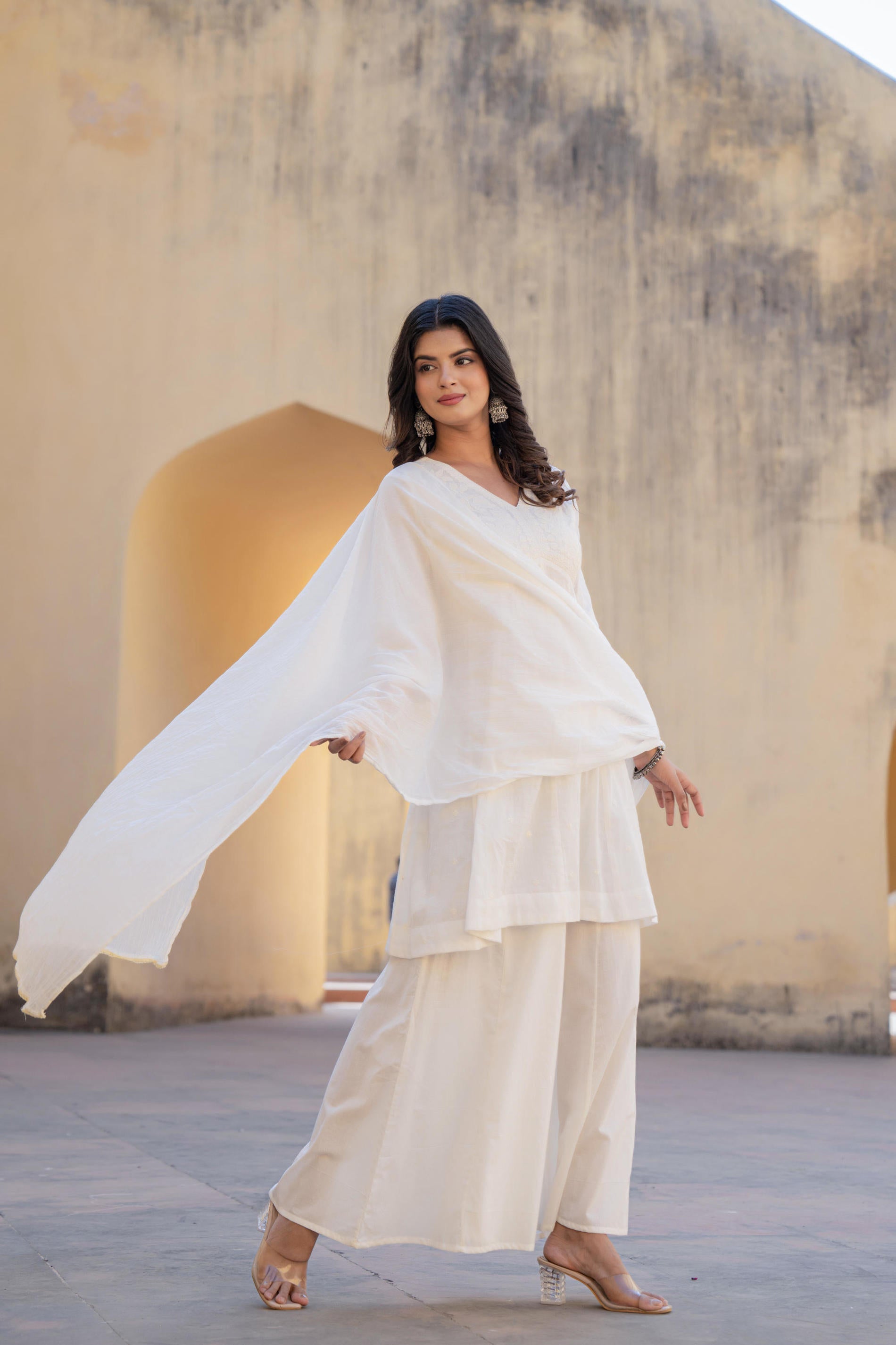 Juniper White Embroidered Anarkali Kurta Set with Palazzo & Dupatta
