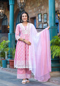 Juniper Powder Rose Pink Lace-Trim Printed Kurta Set With Dupatta