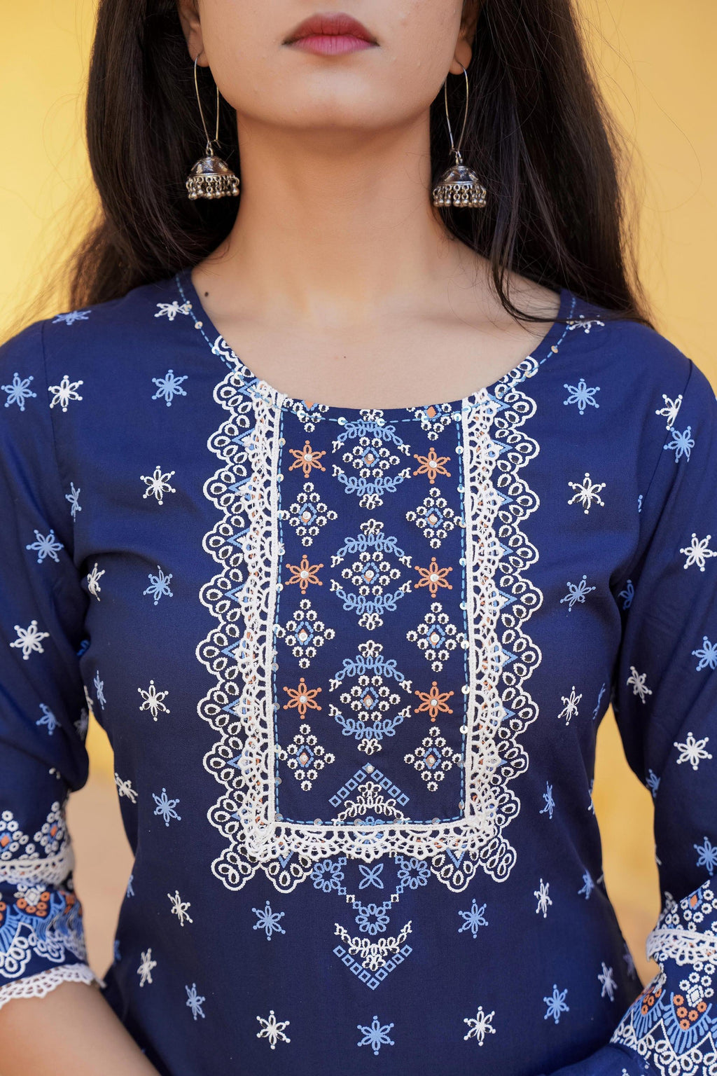 Juniper Navy Ethnic Motif Printed Viscose Kurta Pant And Dupatta Set With Sequins & Lace
