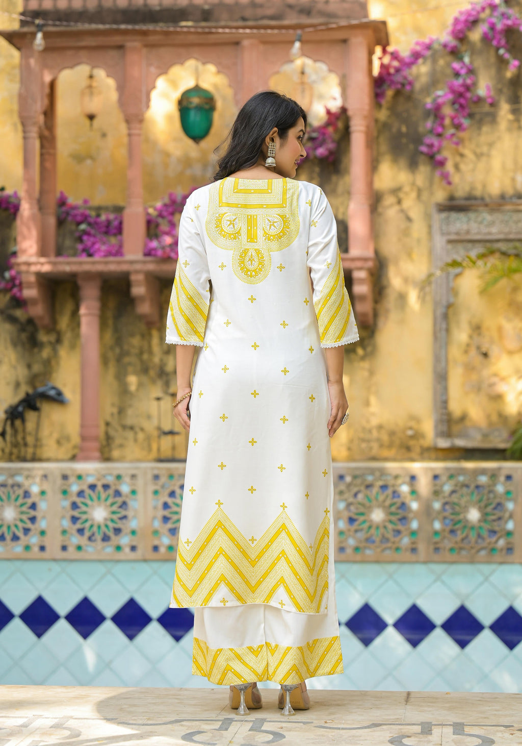 Juniper Mustard Ethnic Motif Printed Viscose Kurta Pant And Dupatta Set With Sequins & Beads